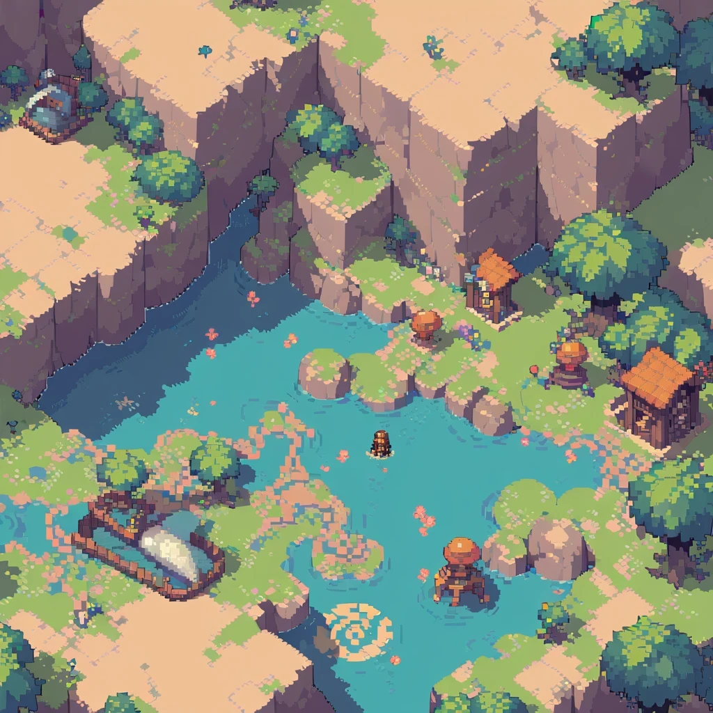 pixel art,top view，big scene，pixelated,8-bit,retro game,vibrant colors,detailed sprites,retro style,pixel animation,low resolution，no human