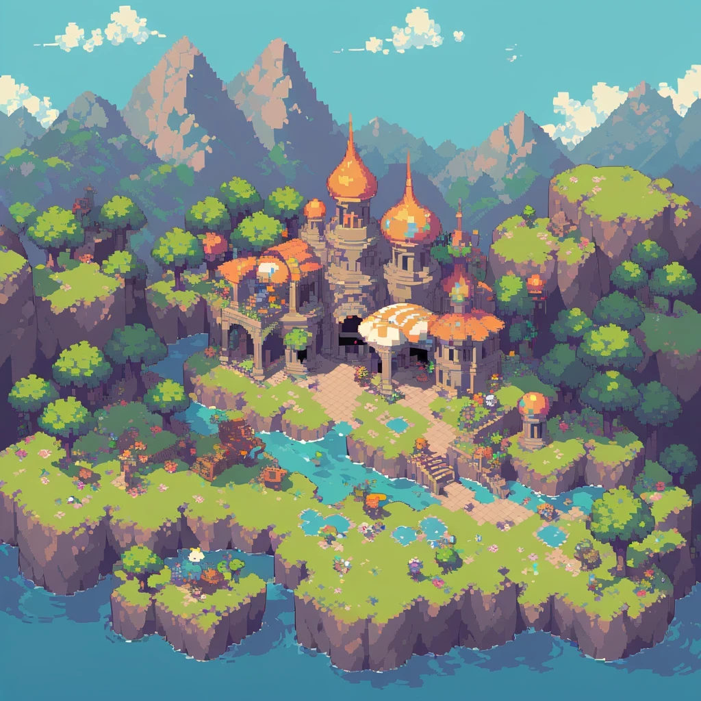 pixel art,top view，big scene，pixelated,8-bit,retro game,vibrant colors,detailed sprites,retro style,pixel animation,low resolution，no human