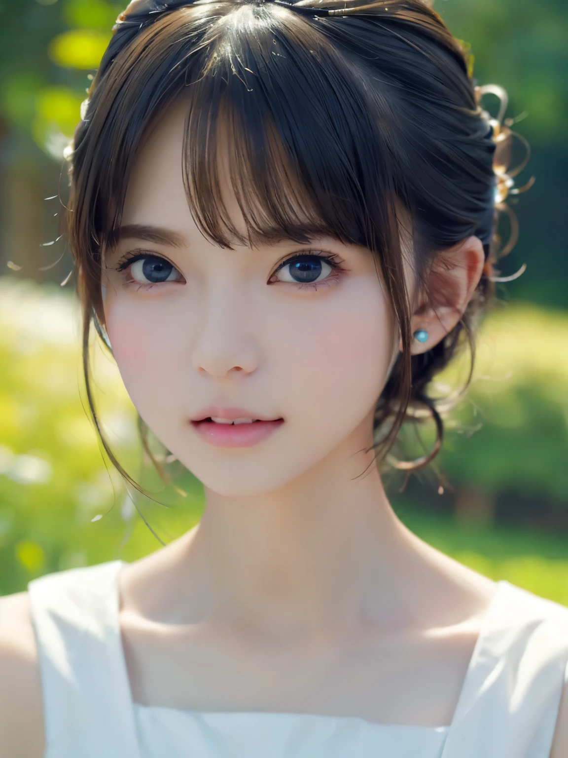 short hair、grassland、(You can see both sides:1.6)、(from the chest up:1.6)、laughter、Close-up portrait of a girl wearing white sleeveless top dress and earrings, soft portrait shot 8k, nice delicate face, High quality 4K portraits, high quality portrait, soft and perfect white skin, 8K highly detailed face, beautiful and delicate face, beautiful light big eyes, beautiful and realistic face, with a beautiful girl, beautiful and realistic face, cute girl