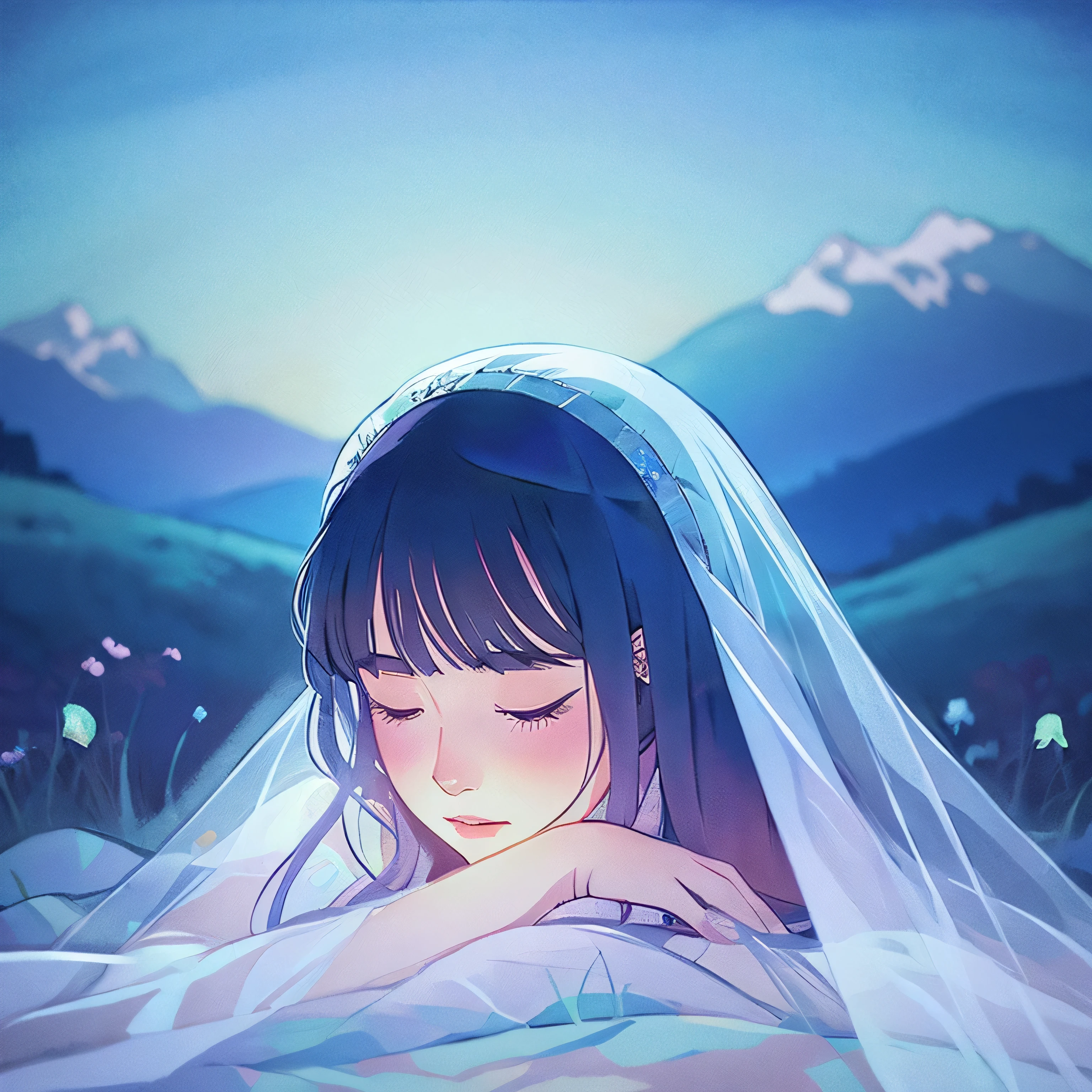 landscape painting with no one、scenery of folk tales、anime style、pastel tone、Close-up of transparent strip of cloth、Beautiful moonlight in the middle of the night、A girl in a kimono wearing a veil is sleeping