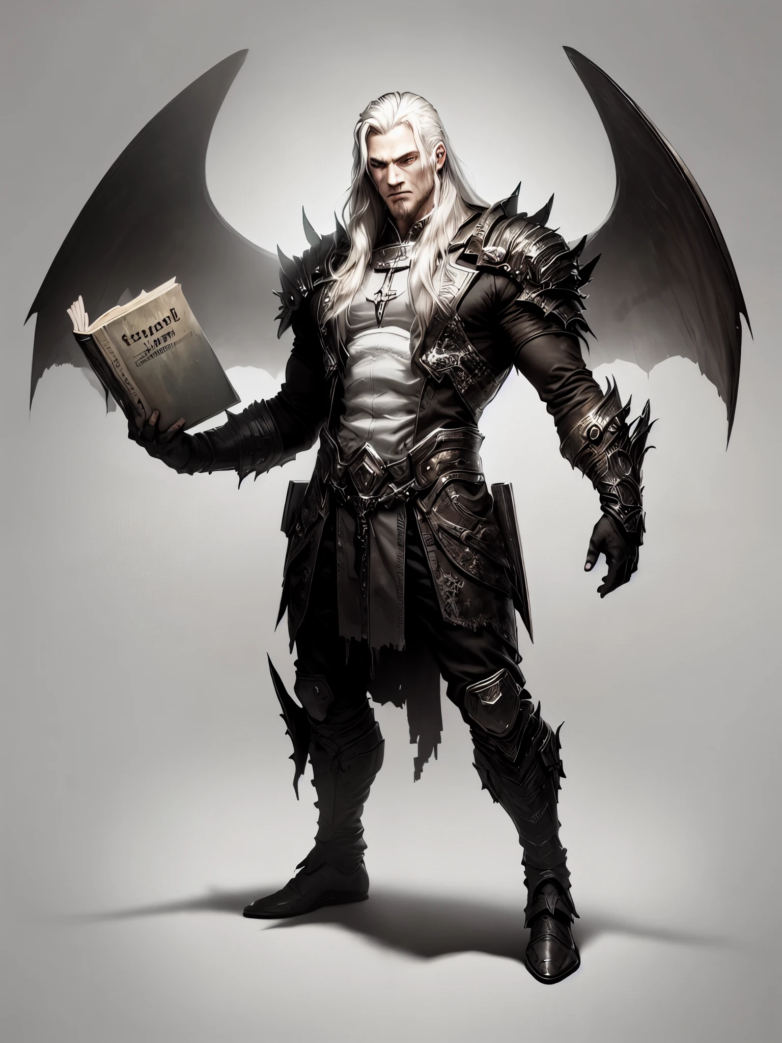 post-apocalypse, Doomsday wasteland style, concept art, character painting, full body, standing, 1boy, solo, evil man, the villain, male focus, correct hands, detailed hands, detailed body, detailed face, white long hair, gospel haircut, white background, holding book, standing, science fiction, simple background, pray pose arms