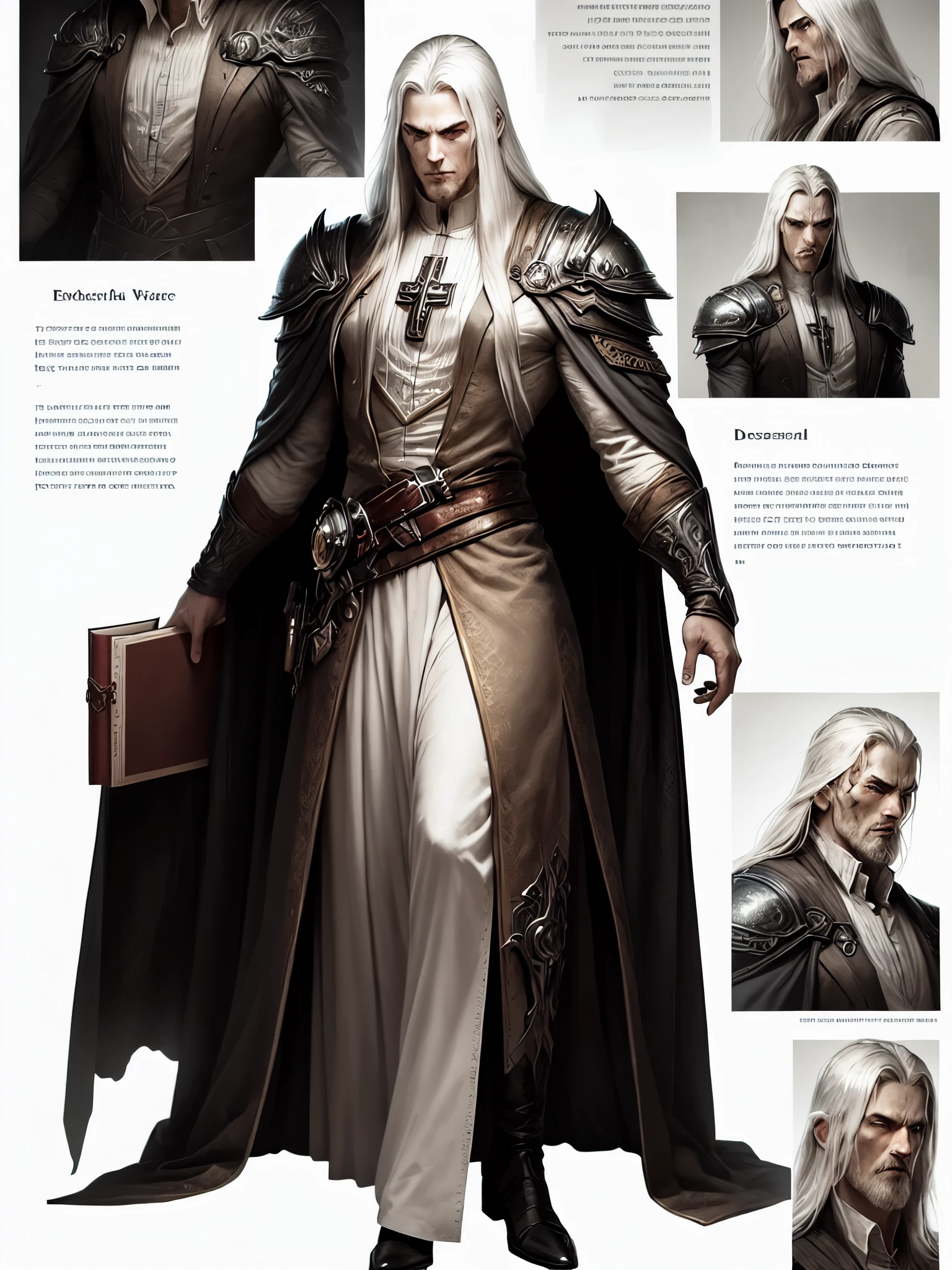 post-apocalypse, Doomsday wasteland style, concept art, character painting, full body, standing, 1boy, solo, evil man, the villain, male focus, correct hands, detailed hands, detailed body, detailed face, white long hair, gospel haircut, white background, holding book, standing, science fiction, simple background, pray pose arms