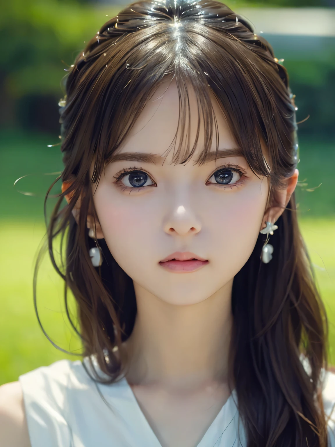 grassland、(You can see both sides:1.6)、（from the chest up:1.6)、laughter、Close-up portrait of a girl wearing white sleeveless top dress and earrings, soft portrait shot 8k, nice delicate face, High quality 4K portraits, high quality portrait, soft and perfect white skin, 8K highly detailed face, beautiful and delicate face, beautiful light big eyes, beautiful and realistic face, with a beautiful girl, beautiful and realistic face, cute girl