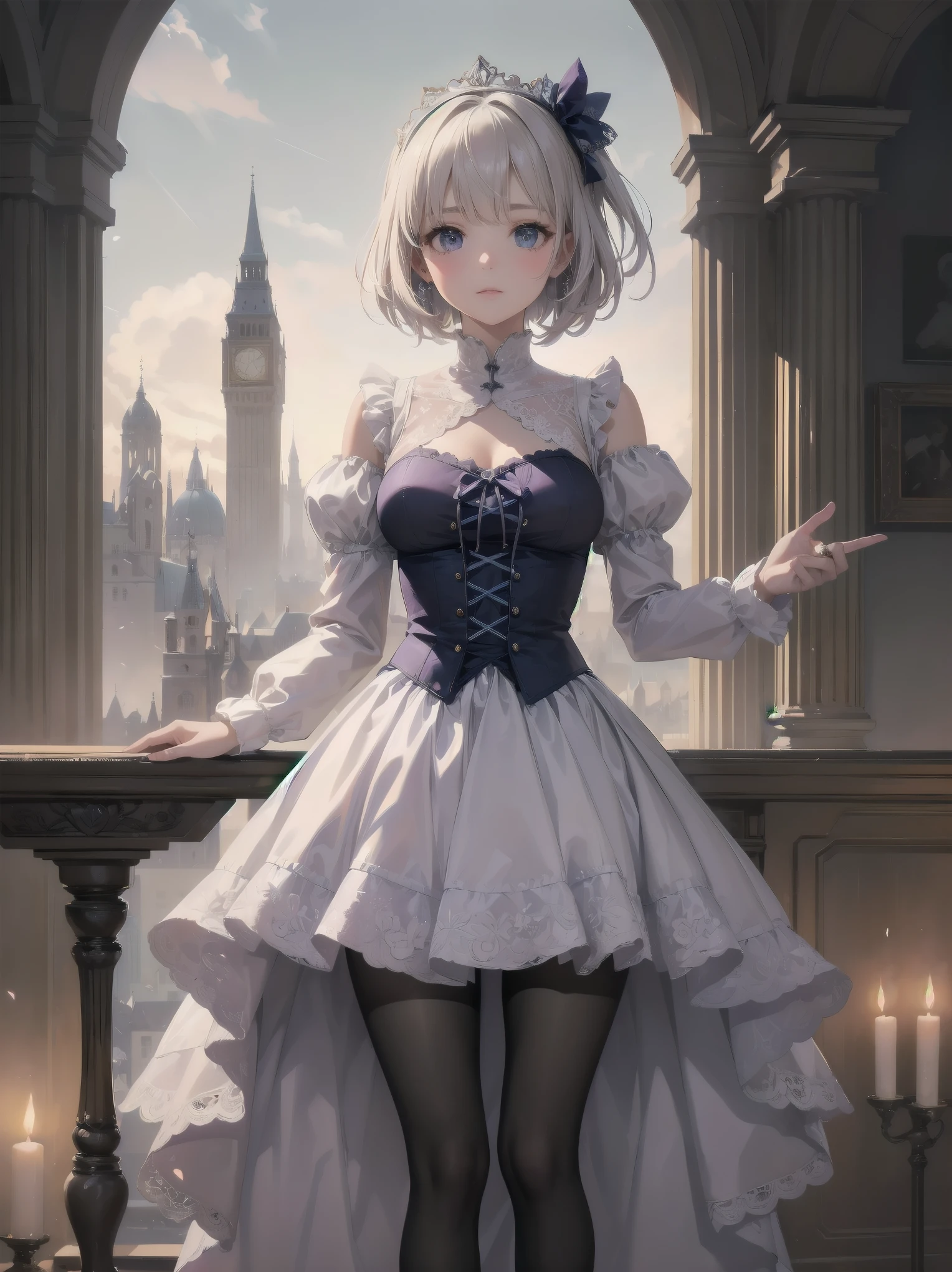 bride: wedding ring shining on ring finger Fusion of medieval European fashion Emphasis on elements of cuteness and adoration Posed illustration of the overwhelming cuteness of the character in the foreground Overwhelming architectural and cityscape background Ultra-detailed, rich, contemporary interpretation of medieval Europe and fantasy world Realistic textures, Professional artistic shading and light sources, scene-like cinematography and effects, depth of subject One beautiful girl, super cute, bob cut, side ponytail, perfect anatomy
Colours: pastel, white, pale purple, blue, gingham check
Materials: chiffon, lace, satin, velvet, etc. Silhouette: fluffy skirt, A-line, long length
Decoration: frills, ribbons, lace, pearls, embroidery etc. Coordinates Romantic princess: pastel dress, lace blouse, fluffy skirt, ribbon hair accessory, black tights Add accessories and accessories to personalise.