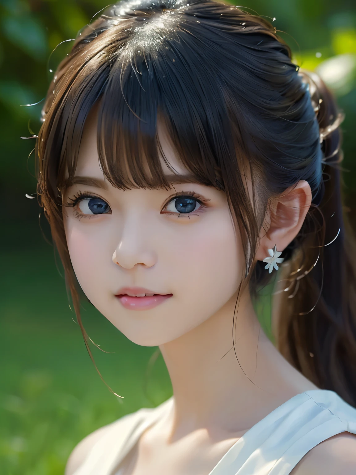 grassland、(You can see both sides:1.6)、(from the chest up:1.6)、laughter、Close-up portrait of a girl wearing white sleeveless top dress and earrings, soft portrait shot 8k, nice delicate face, High quality 4K portraits, high quality portrait, soft and perfect white skin, 8K highly detailed face, beautiful and delicate face, beautiful light big eyes, beautiful and realistic face, with a beautiful girl, beautiful and realistic face, cute girl