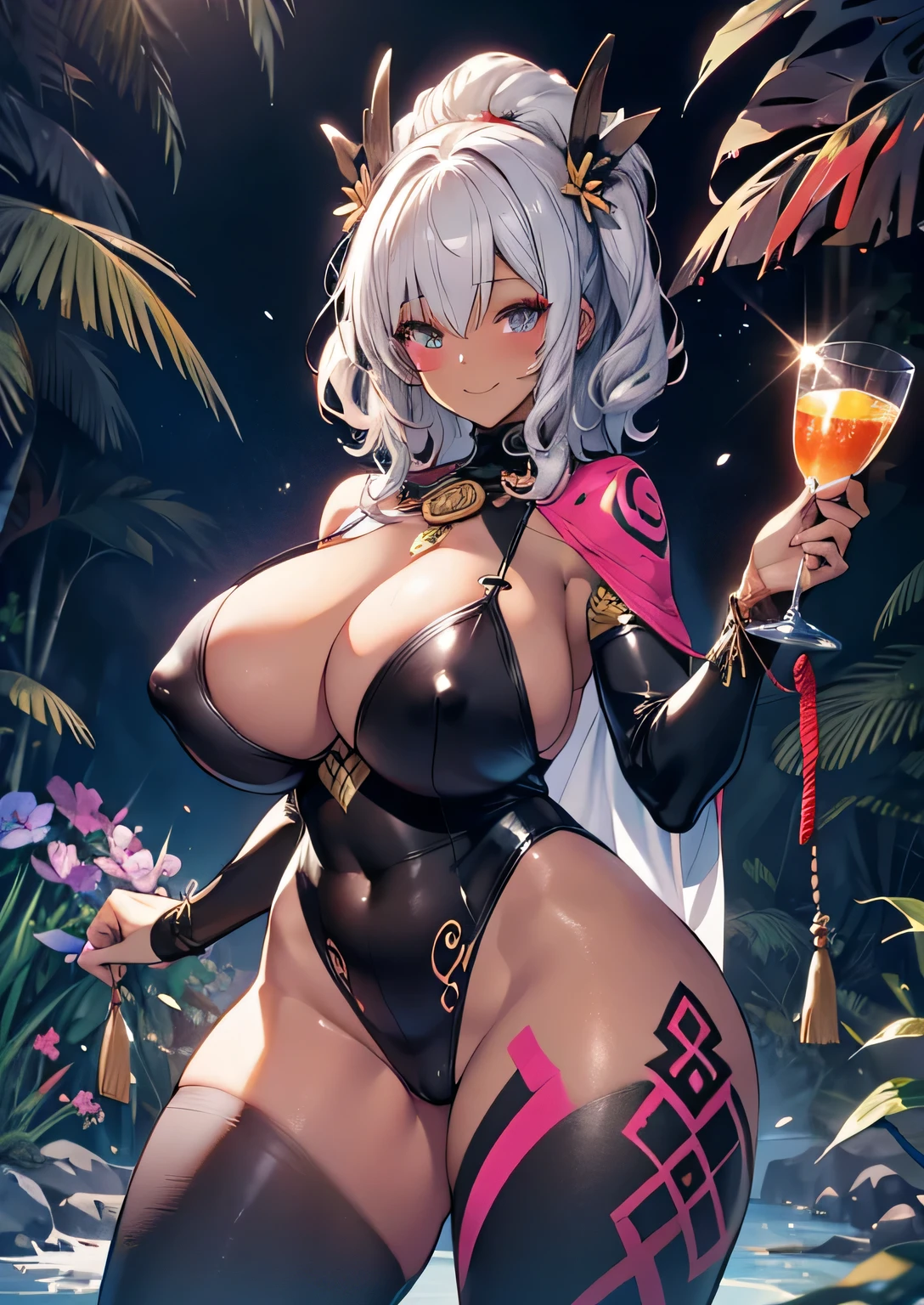 anime illustration、Highest image quality、jungle、A plump dark-skinned Aztec priestess、Kashima、perfect proportions、detailed iris、Wild bodysuit、Overwhelmingly big breasts beyond the norm、thick legs、cowboy shot、Cheerful smile、Estrus、Split、body paint、face paint