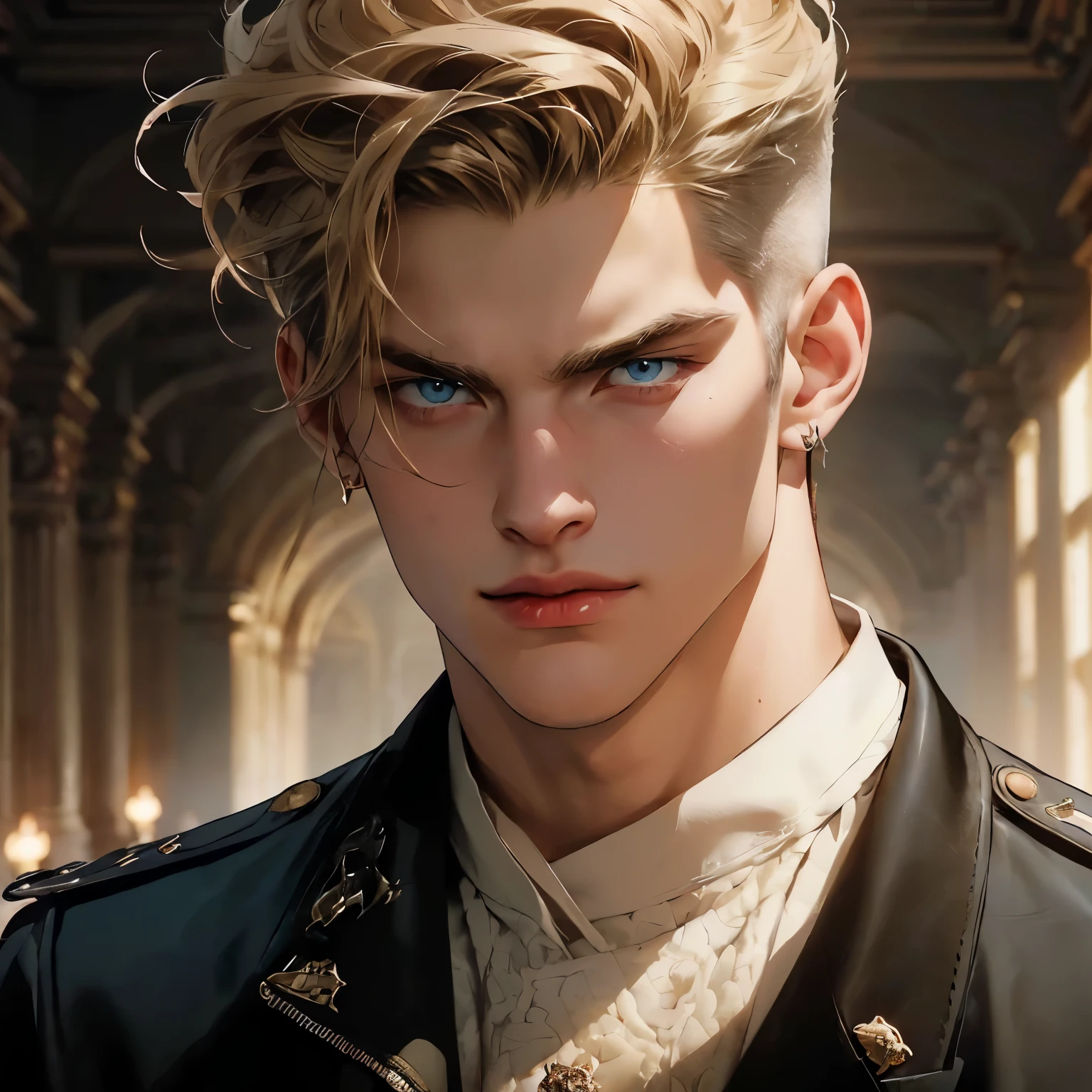 ((1 man)), A strong man in his 20s, dark blonde soft mohawk, ((Taking a snapshot by mistake)) , ((Wearing white military uniform)), light stubble, wild and handsome, Dull blue eyes, Charm, Gentle eyes, Wearing leather gloves, royal palace corridor, cinematic lighting, unreal engine, surreal, super high quality, (((masterpiece))), less muscular,