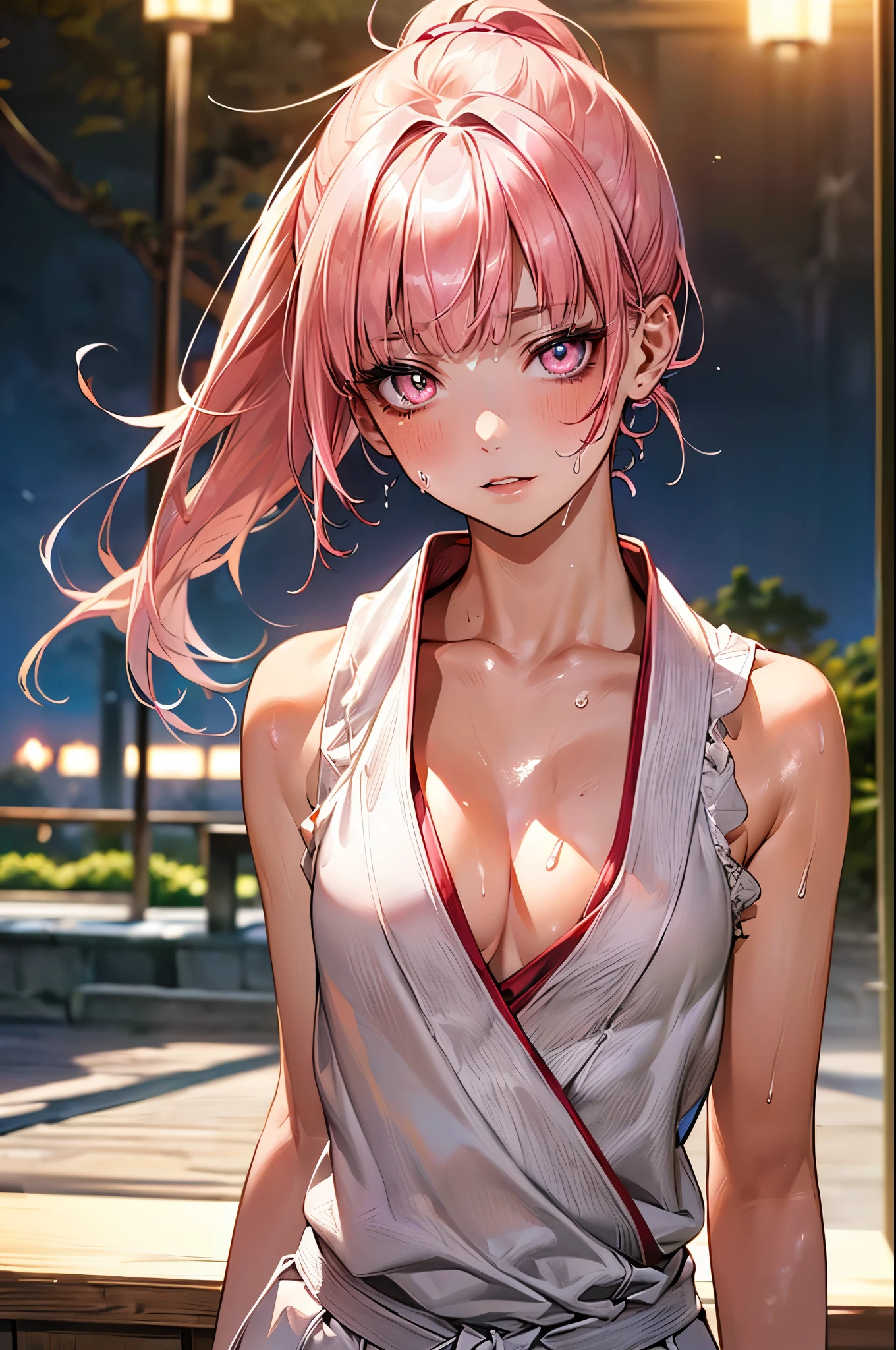 nsfw,((perfect anatomy,realistic,:1.4,RAW Photography:1.3,masterpiece、highest quality、Ultra - High resolution、High resolution、Highly detailed CG、8K)),1 female,solo,((20 year old beauty,beautiful detailed face and eyes,gorgeous eyes,pink eyes)),((pink hair,ponytail,long hair,blunt bangs,straight hair)),((medium breasts,slender body,small head:1.4,skinny)),(oily skin,gleaming skin,shiny skin,sweat:1.4),((Karate's white uniform, cleavage,sleeveless、white micro shorts)),karate training in progress:1.5,action pose、Japanese-style garden、Japanese-style house、Tokyo、moonlight、