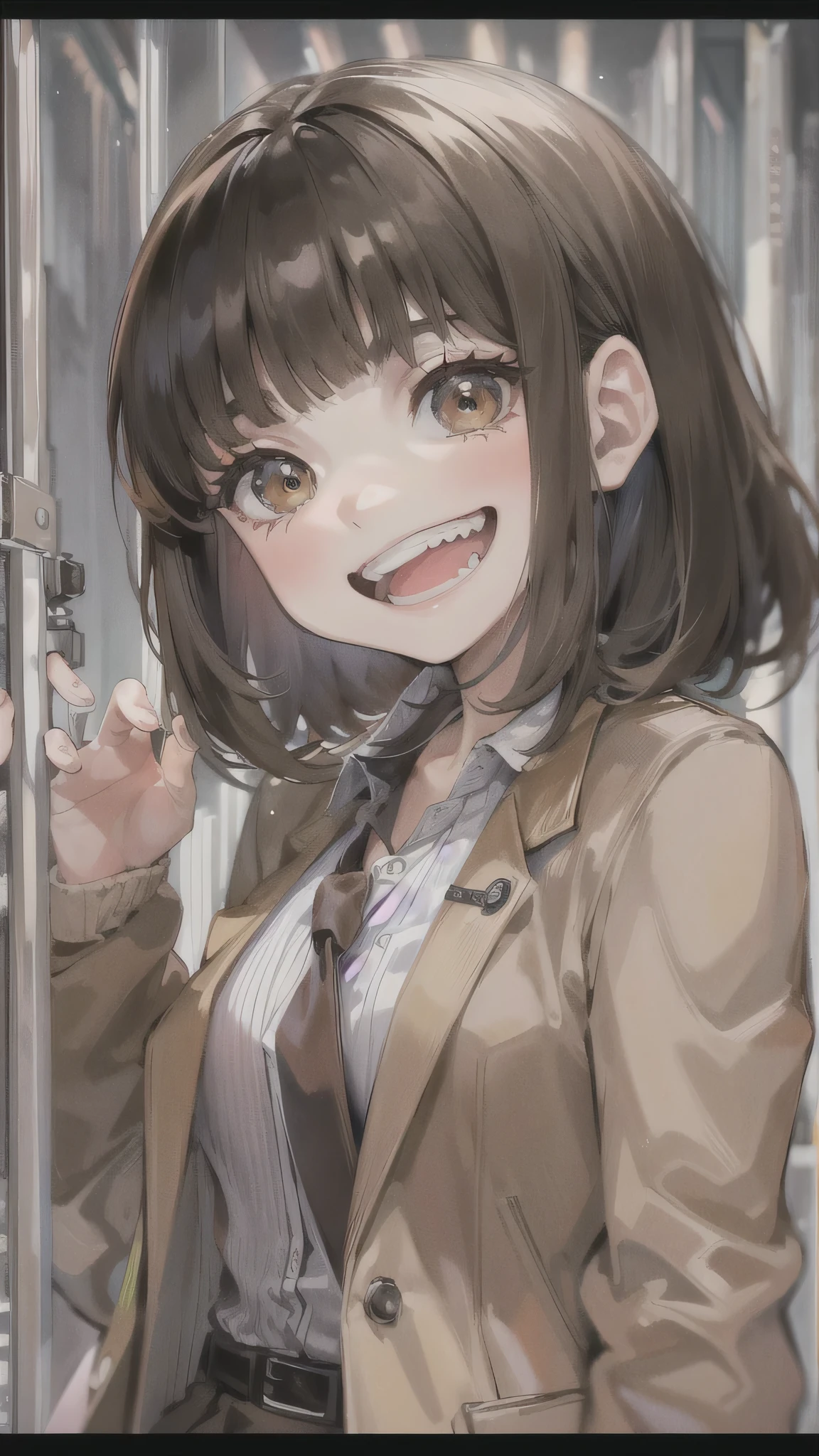 perfect anatomy, masterpiece:1.2, best quality, 8k, beautiful detailed grow, daydreaming expression, ((blunt bangs)) (bob black hair semi-long hair lovely girl, ), (toothy grin, wide smile, glistening teeth), (in brown blazer, brown skirt), break, in the school gate.