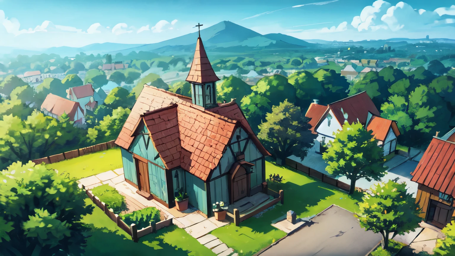 Fantasy City, Wooden houses, chapel, spring, view from above, slush