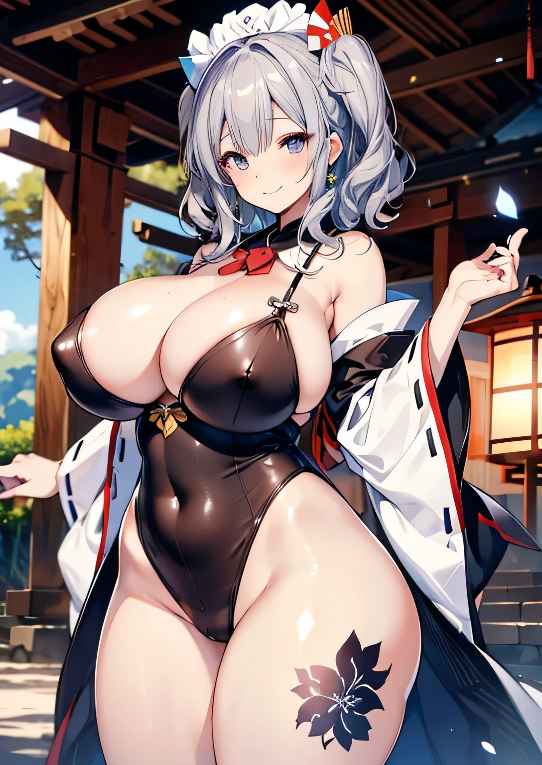 anime illustration、Highest image quality、plump shrine maiden、Kashima、perfect proportions、detailed iris、body suit、Overwhelmingly big breasts beyond the norm、thick legs、cowboy shot、Cheerful smile、Estrus、body paint