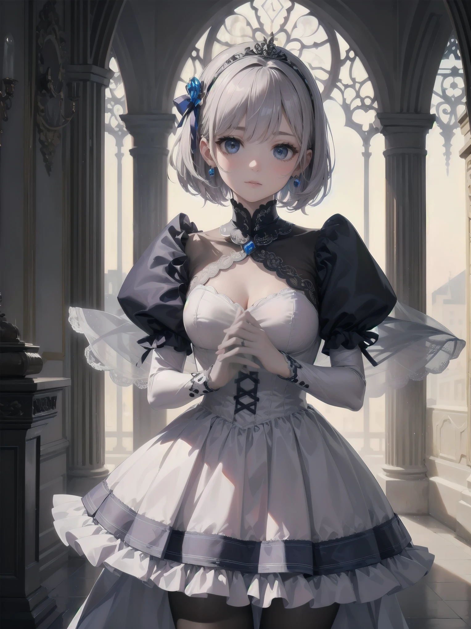 bride: wedding ring shining on ring finger Fusion of medieval European fashion Emphasis on elements of cuteness and adoration Posed illustration of the overwhelming cuteness of the character in the foreground Overwhelming architectural and cityscape background Ultra-detailed, rich, contemporary interpretation of medieval Europe and fantasy world Realistic textures, Professional artistic shading and light sources, scene-like cinematography and effects, depth of subject One beautiful girl, super cute, bob cut, side ponytail, perfect anatomy
Colours: pastel, white, pale purple, blue, gingham check
Materials: chiffon, lace, satin, velvet, etc. Silhouette: fluffy skirt, A-line, long length
Decoration: frills, ribbons, lace, pearls, embroidery etc. Coordinates Romantic princess: pastel dress, lace blouse, fluffy skirt, ribbon hair accessory, black tights Add accessories and accessories to personalise.