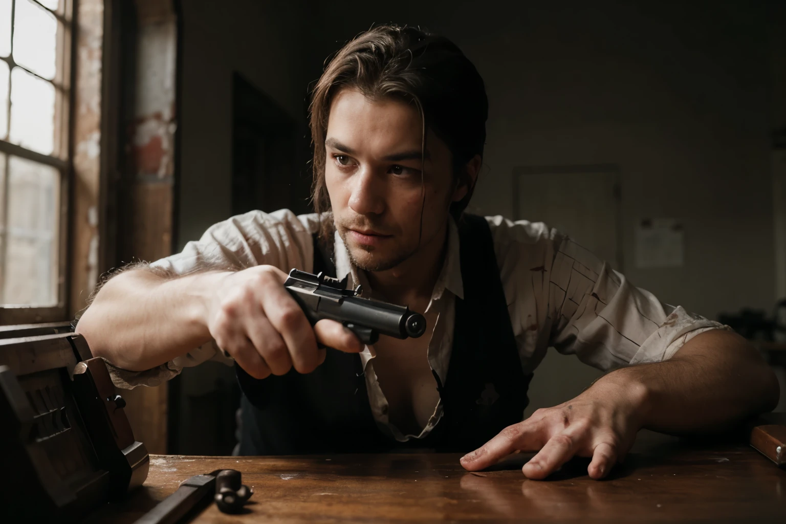 A man's bloodstained hand is holding a Mauser gun. (hand), (bloody), (mauser gun), (no distortion),