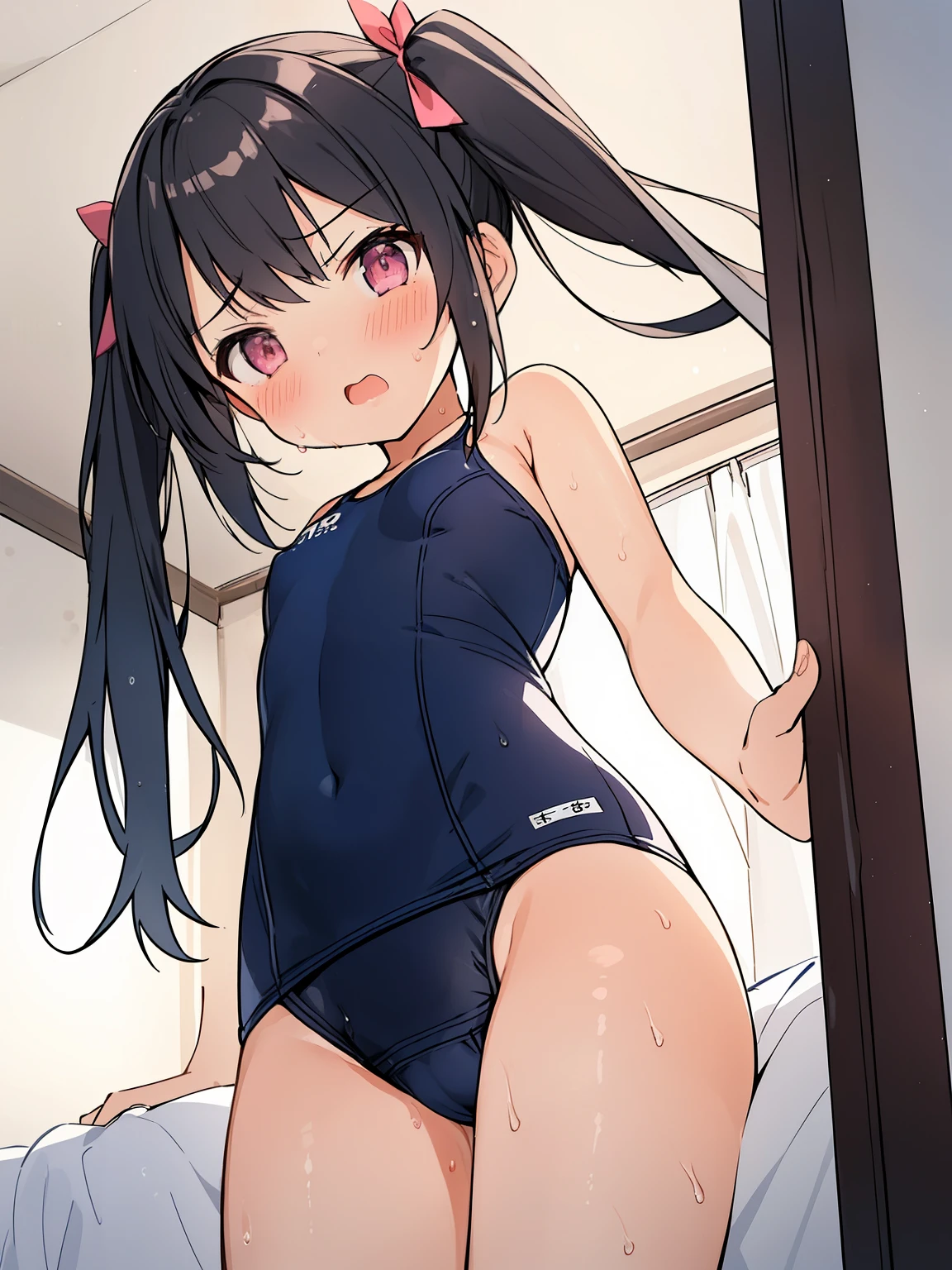 (( masterpiece, highest quality))), (girl)、NSFW、at close range:1.5、、10 years old、on the pink bed、from below、cute、black hair、twin tails、（navy school swimsuit、stockings)、angry look、anger、((close)), ((flushed)),,,Sweat、perfect lighting、perfect composition、