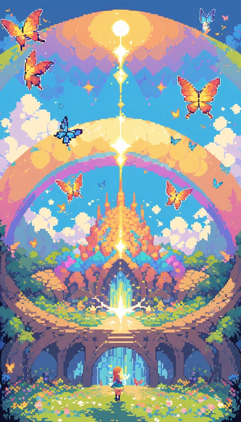 pixel art,girl,flowers,vibrant colors,bright,playful,retro,glowing,sparkling,sunshine,butterflies,magic,fantasy,floating,endless,twinkling,mystical,fairy tale,childhood memories,joyful,happiness