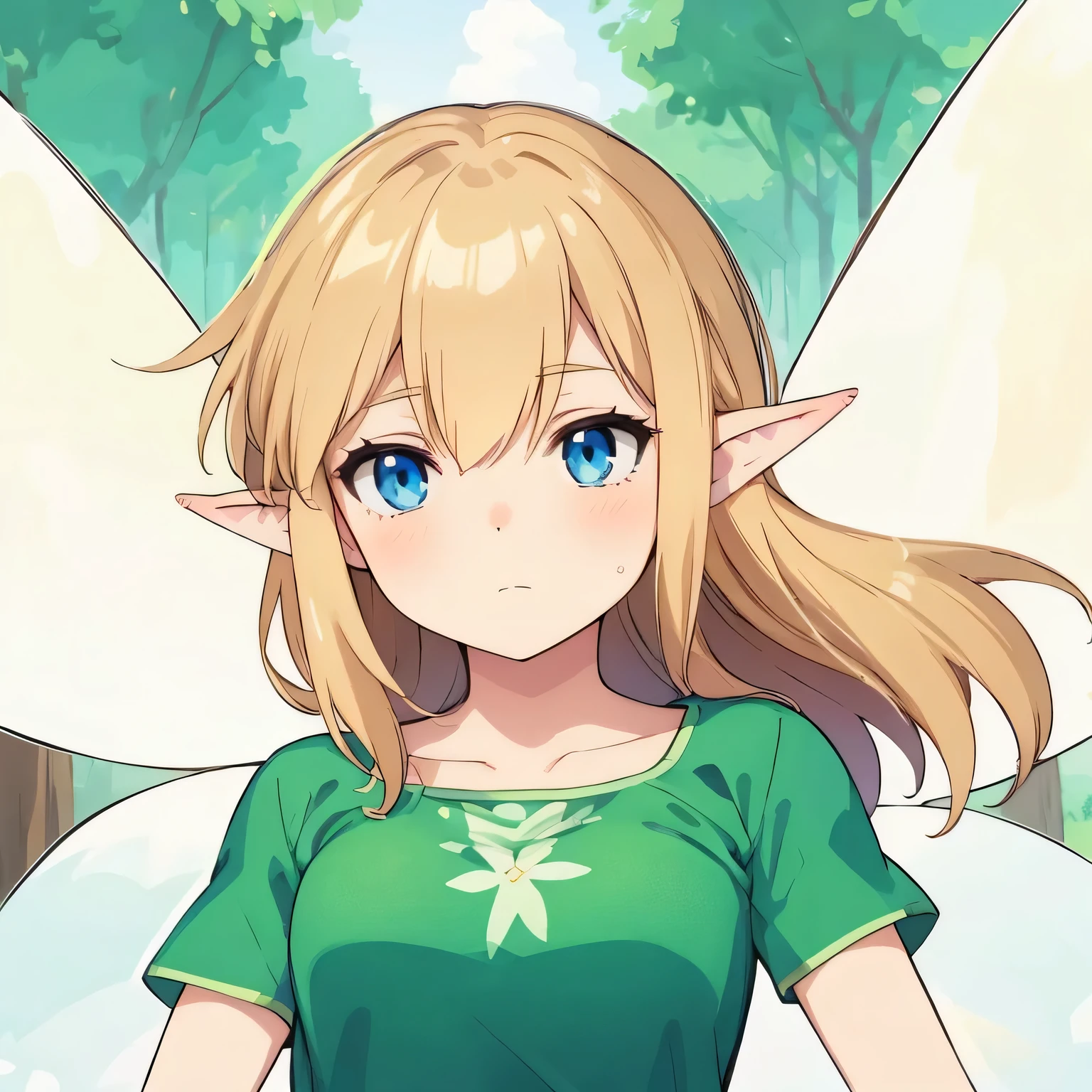 young woman. faery. beige hair. Blue eyes. green fairy clothes with patterns. wings with pattern. A curious face. against the background of a fox with trees and sky.
