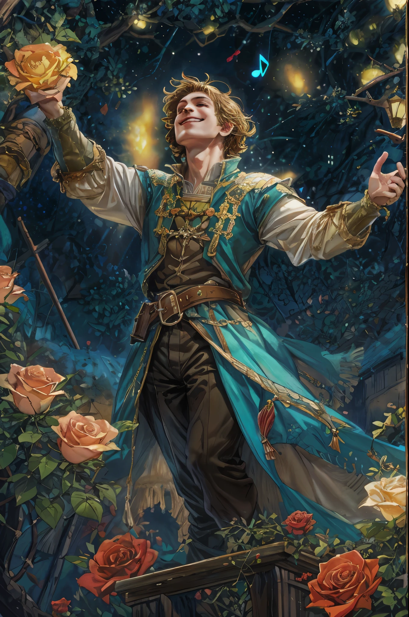 (absurdres, highres, ultra detailed), 1 male, adult, handsome, tall muscular guy, broad shoulders, intricate details, colorful, portrait, looking up, solo, half shot, detailed background, detailed face, (medieval high fantasy theme:1.1), medieval fantasy (bard:0.8), smile, dancing, dynamic pose, colorful ruffled clothes, music, joyful atmosphere, town fair, music, music emanating, roses, night sky, (fireworks:0.8), , performance