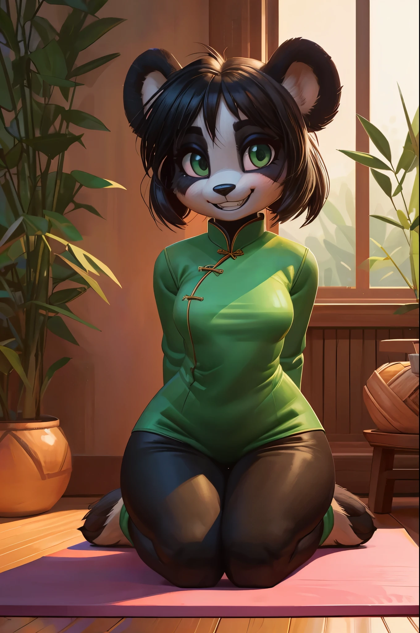 [Yaya Panda], [Uploaded to e621.net; (Pixelsketcher), (wamudraws)], ((masterpiece)), ((HD)), ((solo portrait)), ((full body)), ((front view)), ((feet visible)), ((furry; anthro)), ((detailed fur)), ((detailed shading)), ((beautiful render art)), ((intricate details)), {anthro panda; (black fur), (white fur), black nose, (cute green eyes), (short eyelashes), black hair, braided ponytail, (curvy hips), (beautiful legs), (beautiful paws), (blushing), (cute grin)}, {(chinese clothing), (green shirt), (red yoga pants)}, {(on yoga mat), (kneeling), (looking at viewer)}, [background; (bamboo forest), (living room), (window), (blue sky), (cloudy)]