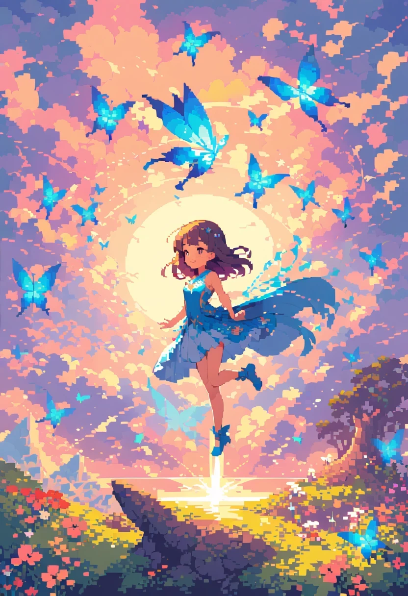 pixel art,girl,flowers,vibrant colors,bright,playful,retro,glowing,sparkling,sunshine,butterflies,magic,fantasy,floating,endless,twinkling,mystical,fairy tale,childhood memories,joyful,happiness