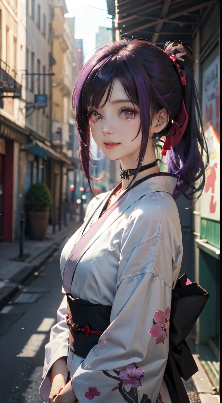 Old body portrait of a beautiful girl、Delicate、detaileds、masterpiece、Real Stick、3D background、Backgrounds with depth、Realistically exaggerate changes in material texture、Exaggeration of gloss、The best transcendental virtuosity、ponytail、Purple hair color、kimono、purple hair color、(punk fashion:1.3), (punk hair:1.5), (lots of accessories:1.2), (kimono:0.9), choker, looking at viewer, 1girl, smile,
BREAK
best quality, ultra detailed, ultra realism, photographic, sunlight, realistic shadows, realistic lighting, beautiful lighting,
BREAK
cherry blossom background