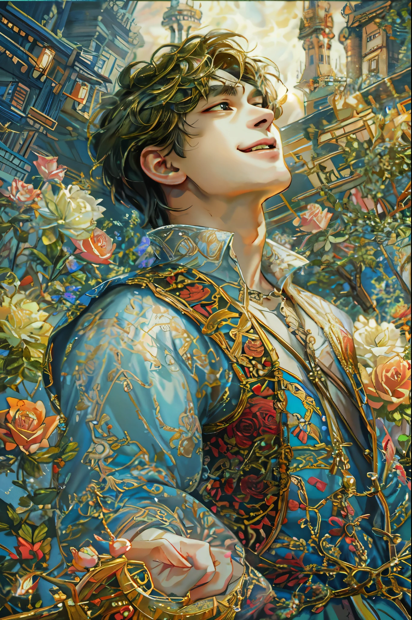 (absurdres, highres, ultra detailed), 1 male, young boy, handsome, tall muscular guy, broad shoulders, korean boy face, intricate details, colorful, portrait, looking up, solo, half shot, detailed background, detailed face, (medieval high fantasy theme:1.1), medieval fantasy (bard:0.8), smile, dancing, dynamic pose, colorful ruffled clothes, music, joyful atmosphere, town fair, music, music emanating, roses, night sky, (fireworks:0.8), , performance