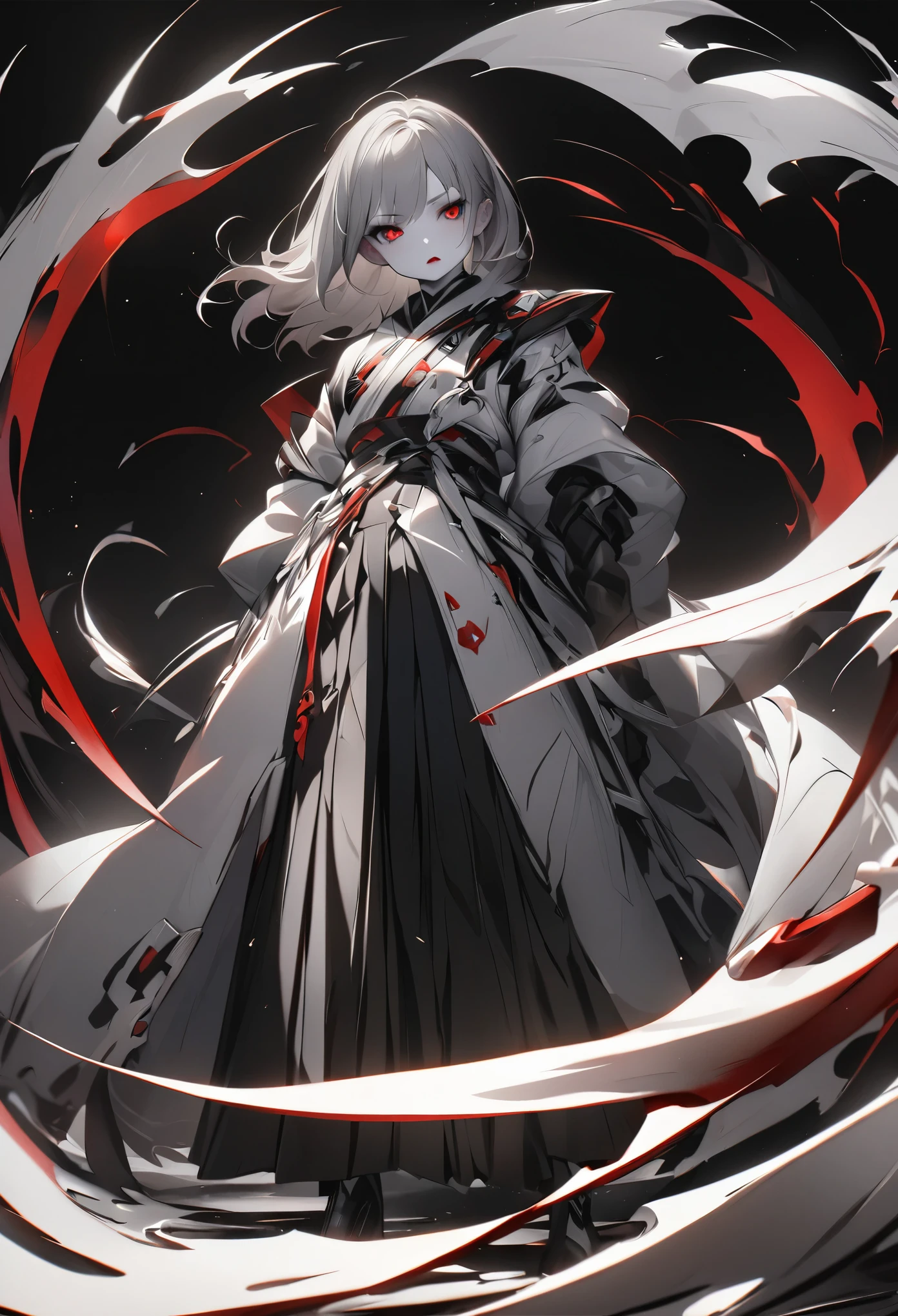 highest quality、masterpiece、1 girl、************、black background、black background、full body angle、White and black hakama、similarly、Are standing、black background、gray hair:1.5、red eyes、red lips、white clothes、Black and white world、Black and white world、pale skin、side blade