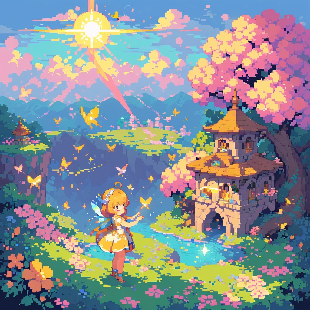 pixel art,girl,flowers,vibrant colors,bright,playful,retro,glowing,sparkling,sunshine,butterflies,magic,fantasy,floating,endless,twinkling,mystical,fairy tale,childhood memories,joyful,happiness