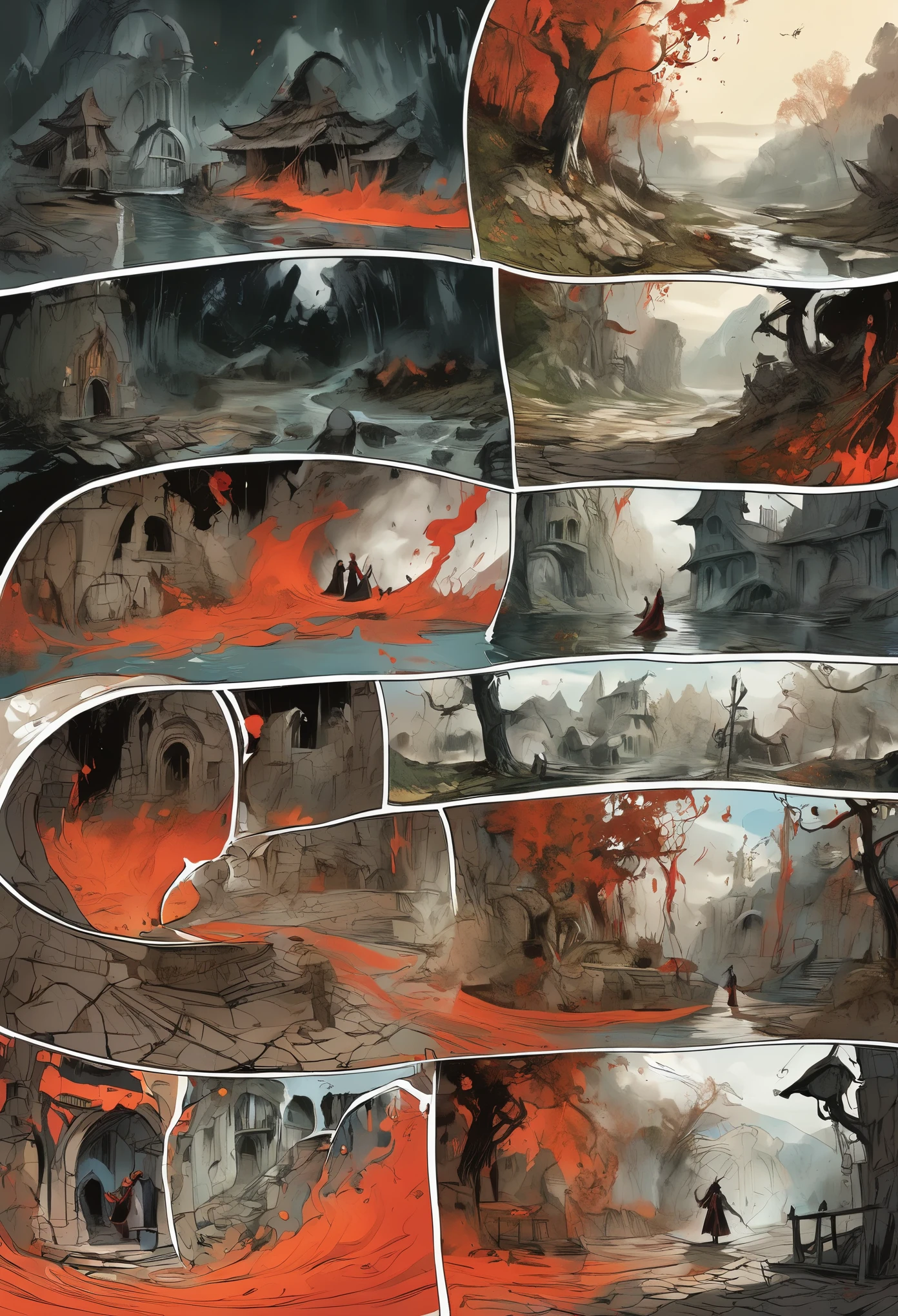 comic storyboard:1.8, crying witch,magic,hell,Blood,Combining close-ups and panoramic compositions