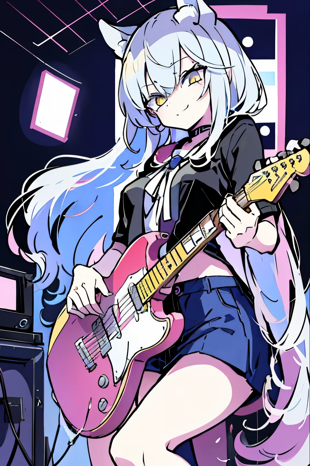 ((masutepiece)), ((Best Quality)), (Ultra-detailed), Anime style, Live performance venue, Cute s, 1girl in, Solo, Playing the guitar 00, ((Beautiful eyes))0, Smile,(((yellow eyes))),