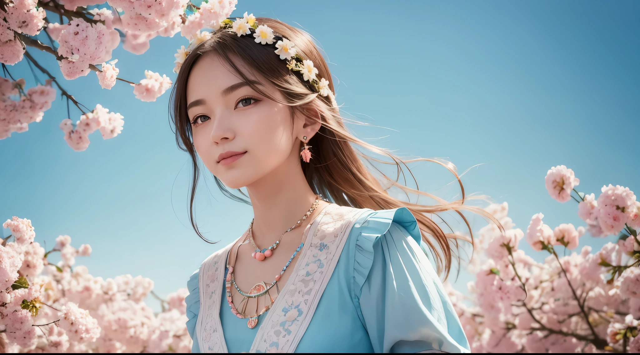 masterpiece, award winning, high quality, super detail, 8k, photo, simple pose, girl, (solo), smile, ancient clothing, detailed clothes, dressed up, spring clothes, ancient accessories, (theme color is bright light blue and pale coral pink), complemented with a necklace, (close up of face), (portrait style), at the old castle, classic European style, in early spring, natural daylight, direct sunlight, harmonious color palette and composition