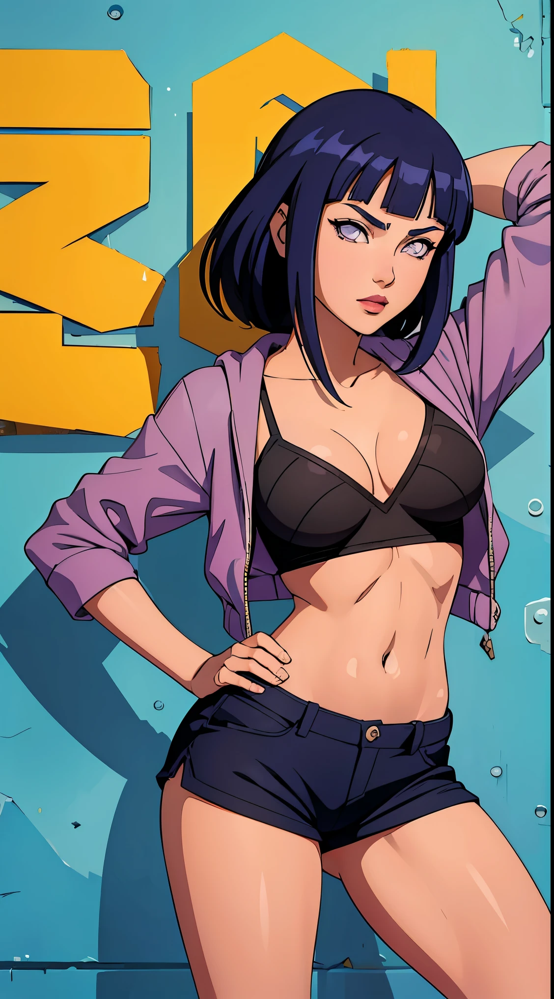 Hinata Hyuga, Anos 90, Moda Hip Hop, suburb, brooklyn 1993, Extremamente Realista, muito linda, sexy, bunda Grande, pernas grossas, usando um short curto, bunda empinada, estilo Hip Hop, anos 90, extremamente bonita