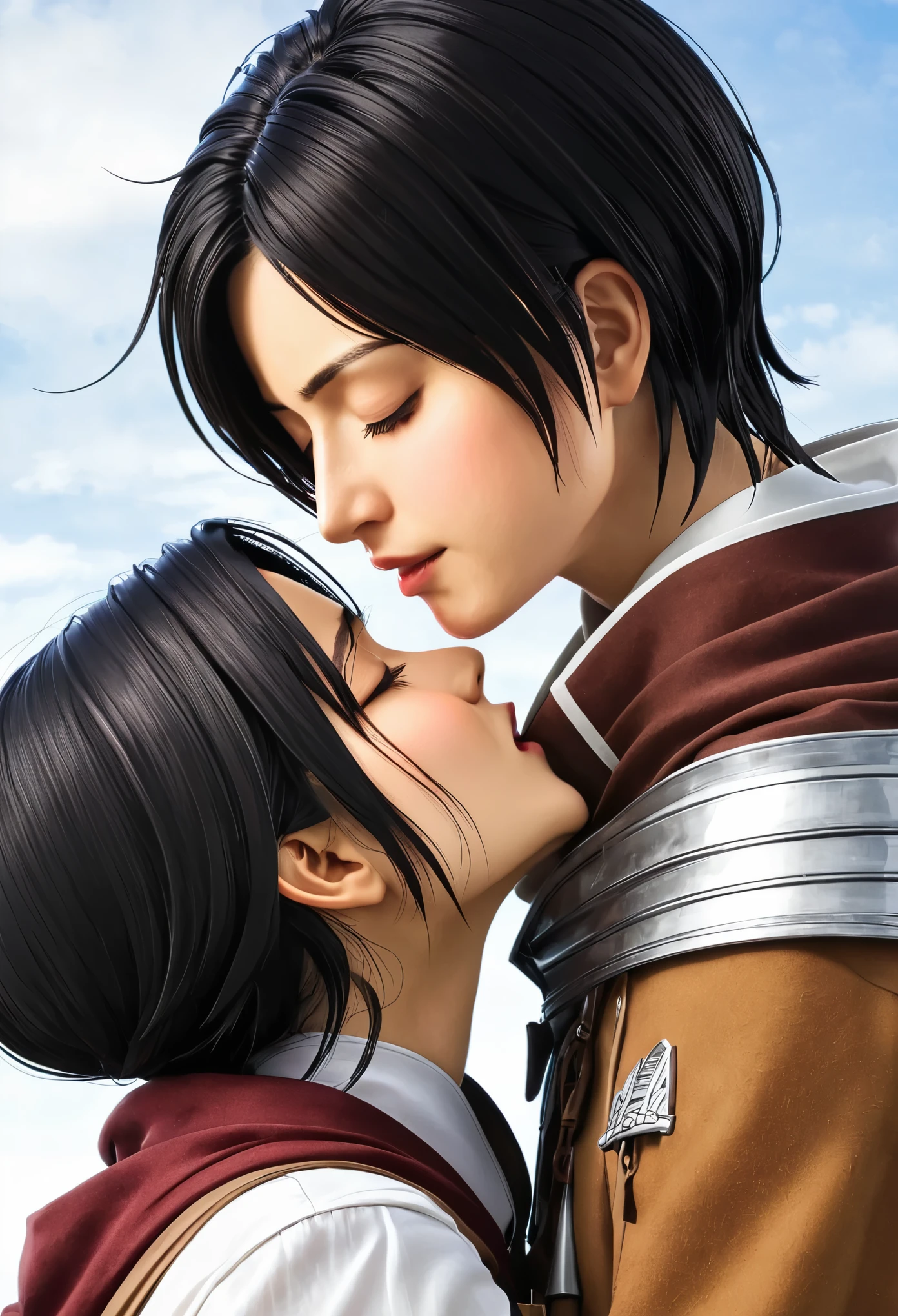 Mikasa Ackerman kissing Levi Ackerman from the anime attack on titan