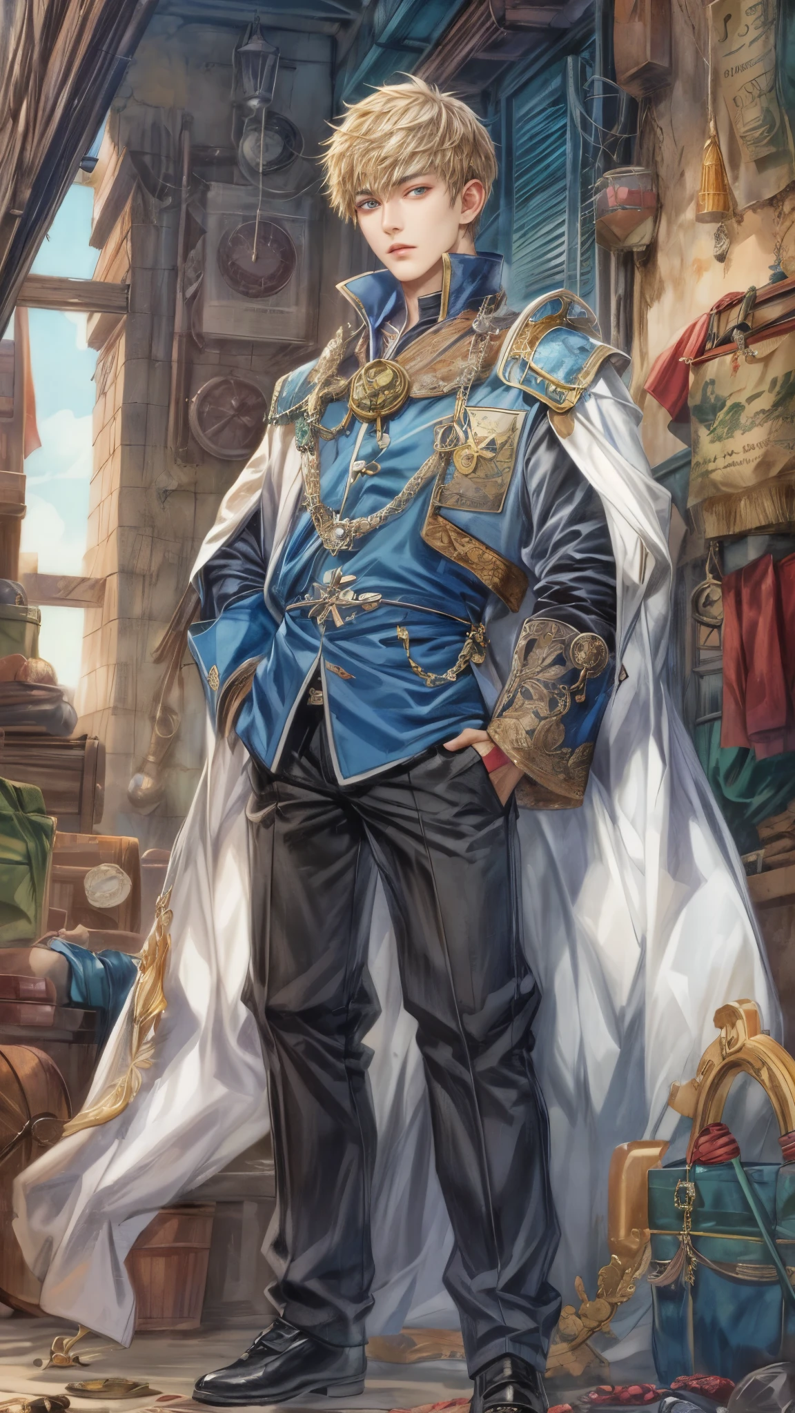 (absurdres, highres, ultra detailed, HDR), masterpiece, intricate, best quality, portrait of a handsome hero from tales of the rays, short hair, korean face, anime eyes, Alchemist outfit detailed interiors slums, detailed character