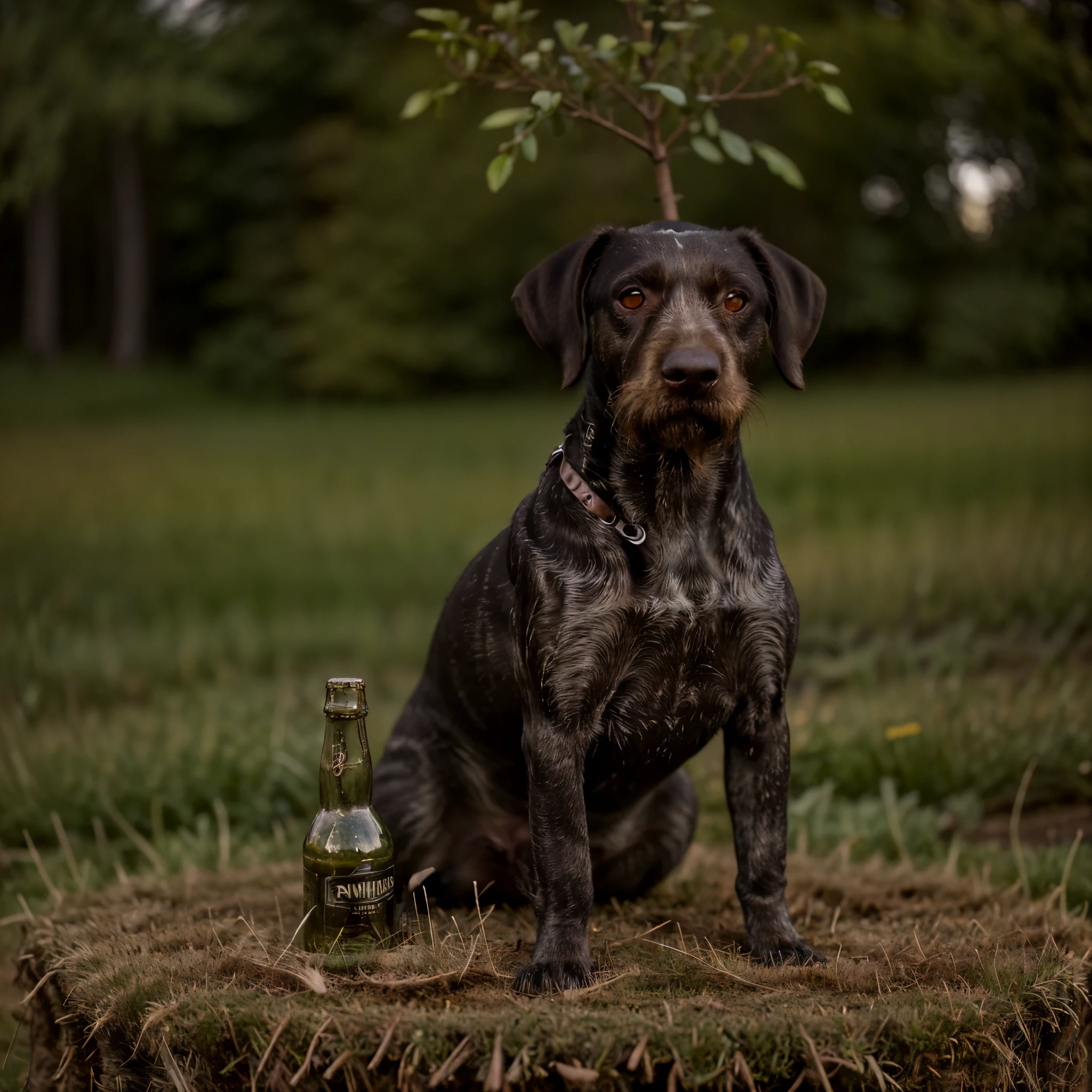 (An intricate minidog drahthaar trapped in a bottle), (the drahthaar dog squatting on a meadow), atmospheric oliva lighting, on the table, 4k UHD, dark vibes, hyper detailed, vibrant colours forest background, epic composition, octane render, sharp focus, high resolution isometric, (film grain:1.3), The light is sparkling, high quality photography, 3 point lighting, flash with softbox, 4k, Canon EOS R3, HDR, smooth, sharp focus, high resolution, award winning photo, 80mm, f2.8, bokeh