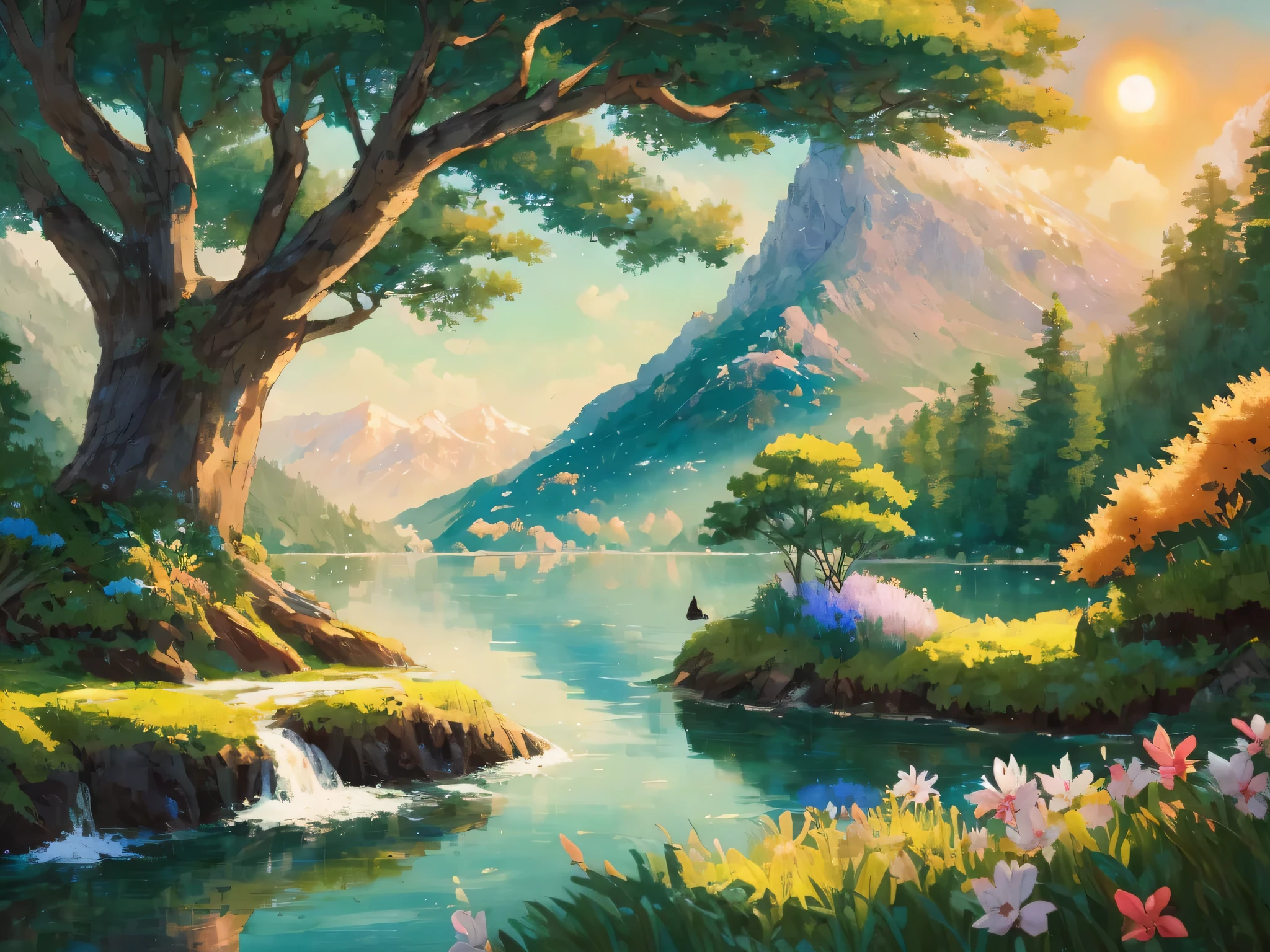 (best quality),(masterpiece),(Super detailed),(high detail),(Very detailed),theme: Beautiful anime natural scenery: Digital illustration or traditional painting.
solve: 4000x3000 pixels.
color palette: Inspiration comes from the vibrant and rich colors of nature.
mood: serene, peaceful, and awesome.
work: Focus on a balanced combination of natural elements.
light: soft, Natural lighting with brightness changes.
style: inspired by anime，With realism and fantasy.
detail: Includes elements such as majestic mountains, peaceful lake, Fields in bloom, and dense forests.
inspiration: anime scenery, studio ghibli movies, real world natural environment.
camera settings: not any (Because it is a digital illustration).
Supplementary notes: Focus on the beauty and complexity of natural landscapes. Create depth and dimensionality by merging foreground layers, middle ground, and background elements. Use a variety of brushstrokes and textures to capture the texture of the trees, rock, water, and other natural elements. Experiment with lights and shadows to add depth and realism to your scene. Including small details such as birds, Butterfly, or wild animals bring the scene to life. Consider adding a fantasy or magical element, Such as floating islands, Mysterious creature, or glowing flora. Use vibrant and vibrant color combinations to convey the beauty and vitality of nature. Emphasize the serenity and peacefulity of the scene by incorporating elements like flowing water, breeze, Or a soft sunset. Let your creativity and imagination guide you to create stunning anime nature，Take the audience into a beautiful and magical world.