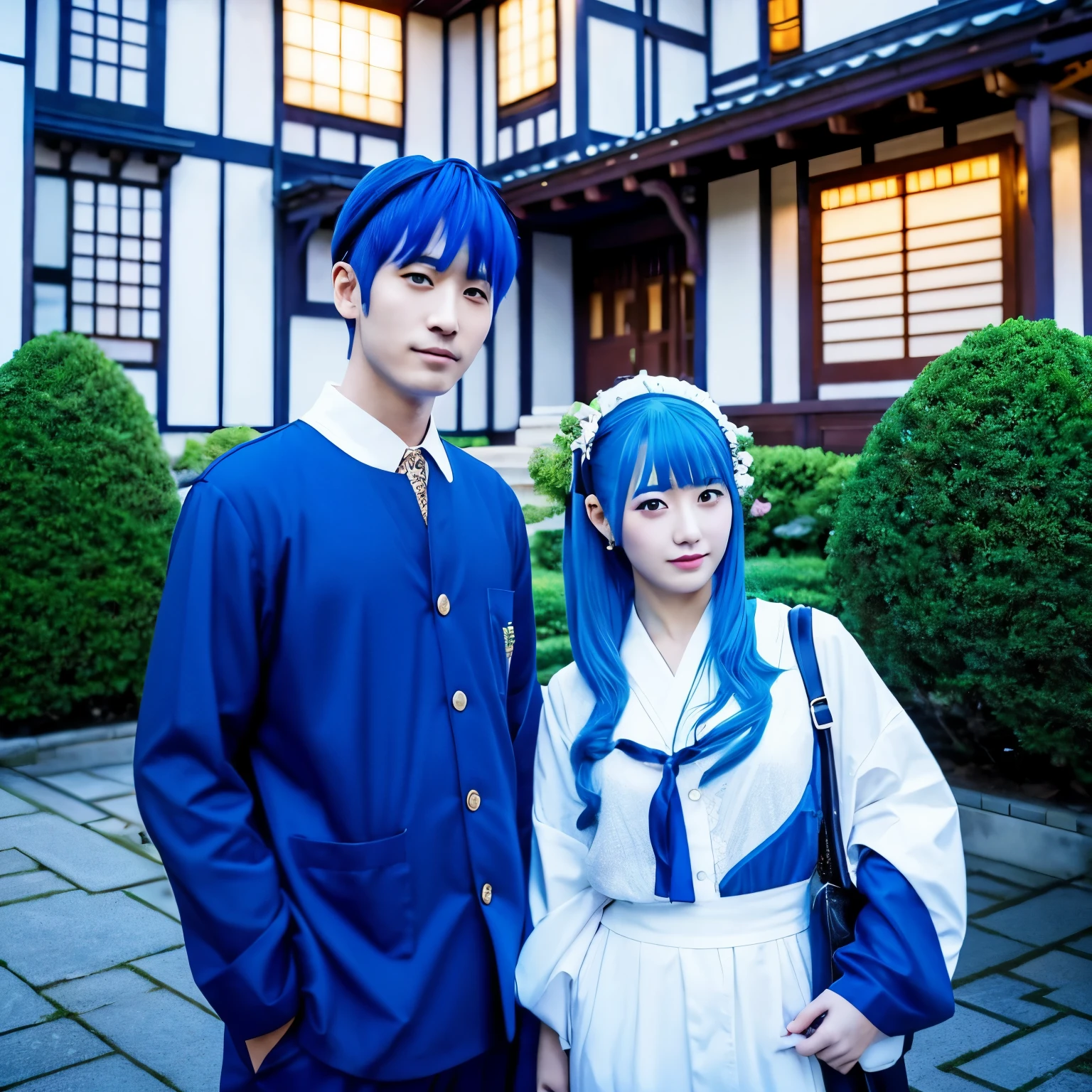moon、moon光に照らされる枝垂れ桜、A man and woman with blue hair and Japanese clothes in a Japanese-style mansion、perfect face、