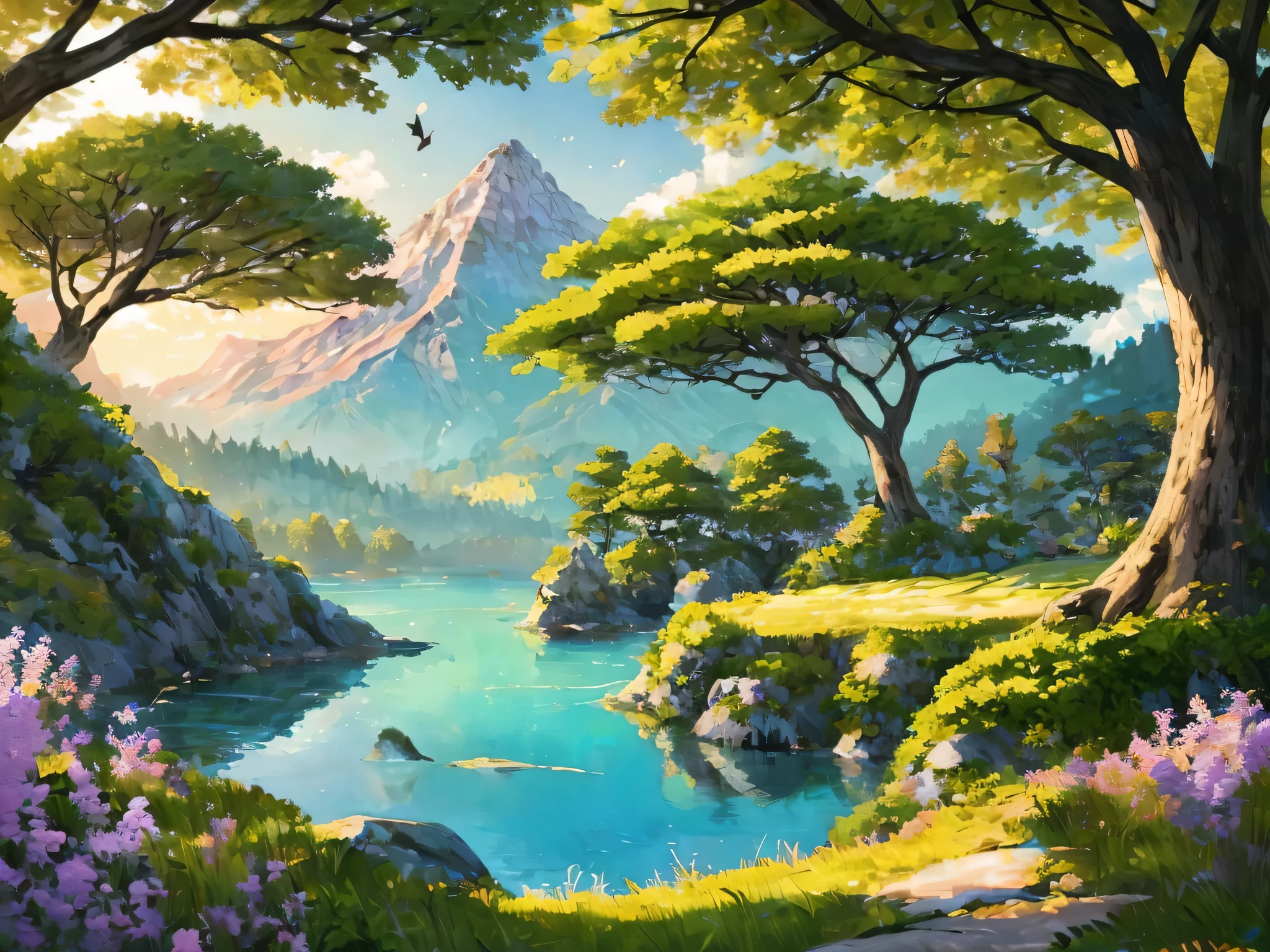 (best quality),(masterpiece),(Super detailed),(high detail),(Very detailed),theme: Beautiful anime natural scenery: Digital illustration or traditional painting.
solve: 4000x3000 pixels.
color palette: Inspiration comes from the vibrant and rich colors of nature.
mood: serene, peaceful, and awesome.
work: Focus on a balanced combination of natural elements.
light: soft, Natural lighting with brightness changes.
style: inspired by anime，With realism and fantasy.
detail: Includes elements such as majestic mountains, peaceful lake, Fields in bloom, and dense forests.
inspiration: anime scenery, studio ghibli movies, real world natural environment.
camera settings: not any (Because it is a digital illustration).
Supplementary notes: Focus on the beauty and complexity of natural landscapes. Create depth and dimensionality by merging foreground layers, middle ground, and background elements. Use a variety of brushstrokes and textures to capture the texture of the trees, rock, water, and other natural elements. Experiment with lights and shadows to add depth and realism to your scene. Including small details such as birds, Butterfly, or wild animals bring the scene to life. Consider adding a fantasy or magical element, Such as floating islands, Mysterious creature, or glowing flora. Use vibrant and vibrant color combinations to convey the beauty and vitality of nature. Emphasize the serenity and peacefulity of the scene by incorporating elements like flowing water, breeze, Or a soft sunset. Let your creativity and imagination guide you to create stunning anime nature，Take the audience into a beautiful and magical world.