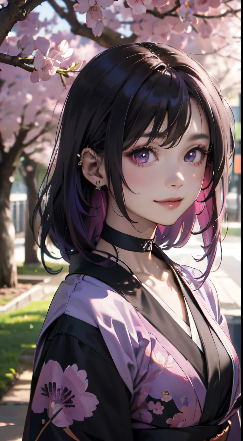 Old body portrait of a beautiful girl、Delicate、detaileds、masterpiece、Real Stick、3D background、Backgrounds with depth、Realistically exaggerate changes in material texture、Exaggeration of gloss、The best transcendental virtuosity、ponytail、Purple hair color、Japanese clothing、The background is cherry blossoms、purple hair color、(punk fashion:1.3), (punk hair:1.5), (lots of accessories:1.2), (kimono:0.9), choker, looking at viewer, 1girl, smile,
BREAK
best quality, ultra detailed, ultra realism, photographic, sunlight, realistic shadows, realistic lighting, beautiful lighting,
BREAK
cherry blossom background