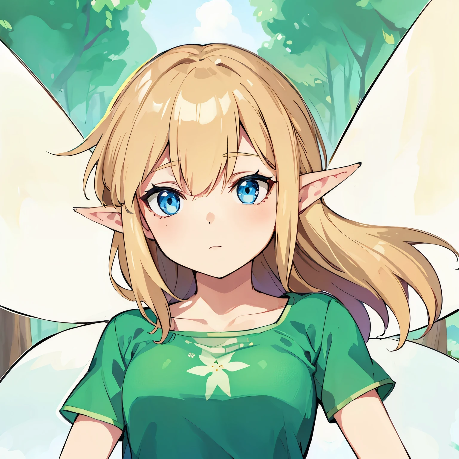 young woman. faery. beige hair. Blue eyes. green fairy clothes with patterns. wings with pattern. A curious face. against the background of a fox with trees and sky.