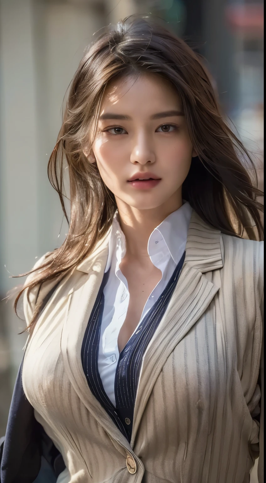 ((best quality, 8K, masterpiece :1.3)), sharp focus :1.2, beautiful woman,Perfect body :1.4, slim abs :1.2, ((layered hairstyle, big breasts :1.2)), (Blazer paired with a very thin white button-up shirt :1.1), city street:1.2, Highly detailed facial and skin textures, delicate eyes, double eyelids