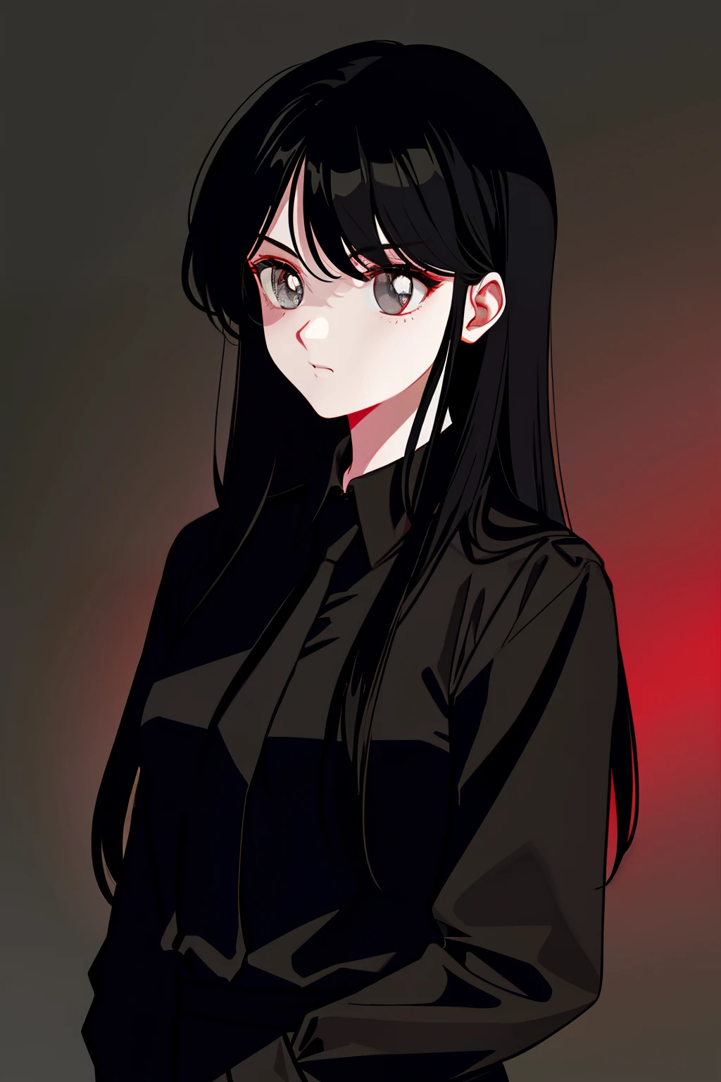 a 1girl, body complet, very detail, a lot of details, very extremely beautiful,  ((masterpiece, minimalism)), (long black Hair), black necktie, (red shirt), Dark colors, looks into space, 