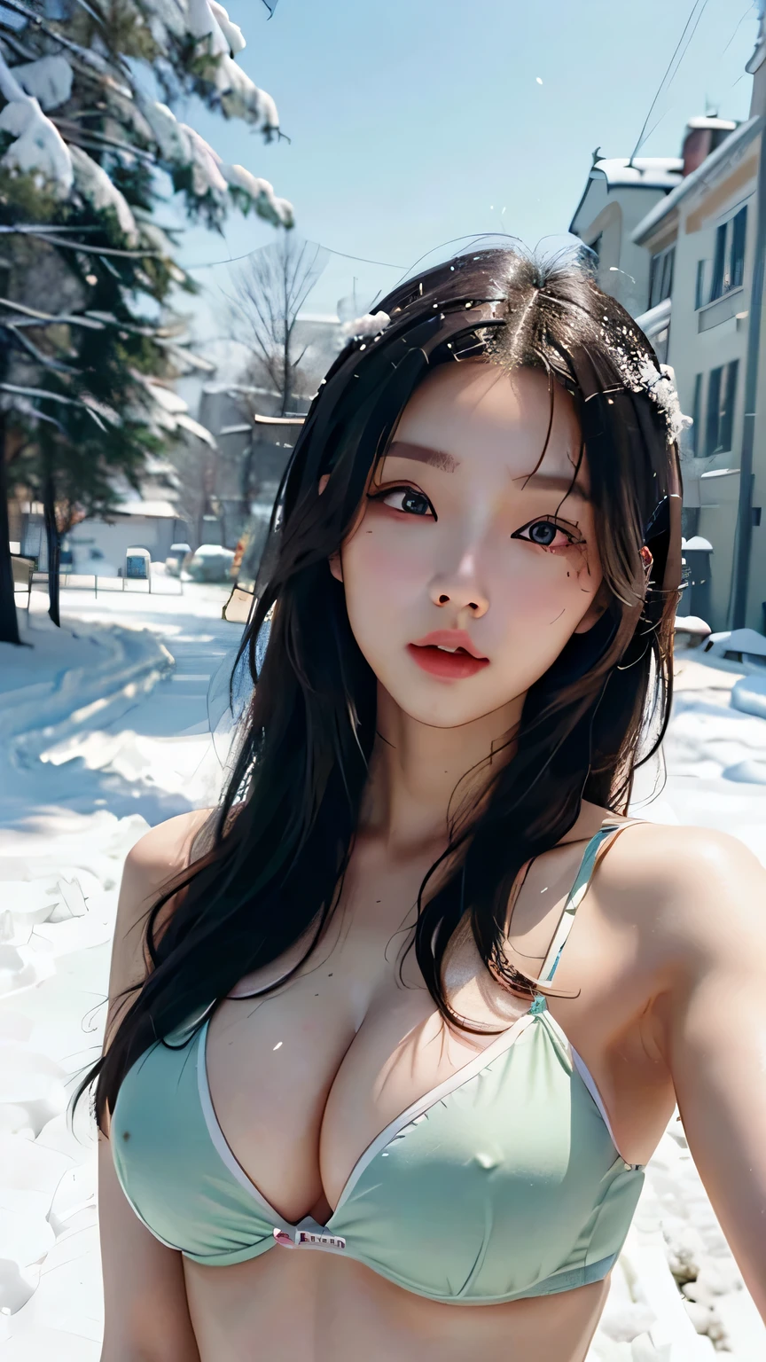 realistic photos oF (1 Cute Chinese Celebrities) long hair, Light makeup, giant breast size, wearing lime color underwear, in the snow,，clear Facial Features, 8K high resolution, sharp and realistic details.From outside, ultra high definition, masterpiece,sexy poses, seductive upper body, slime abs,