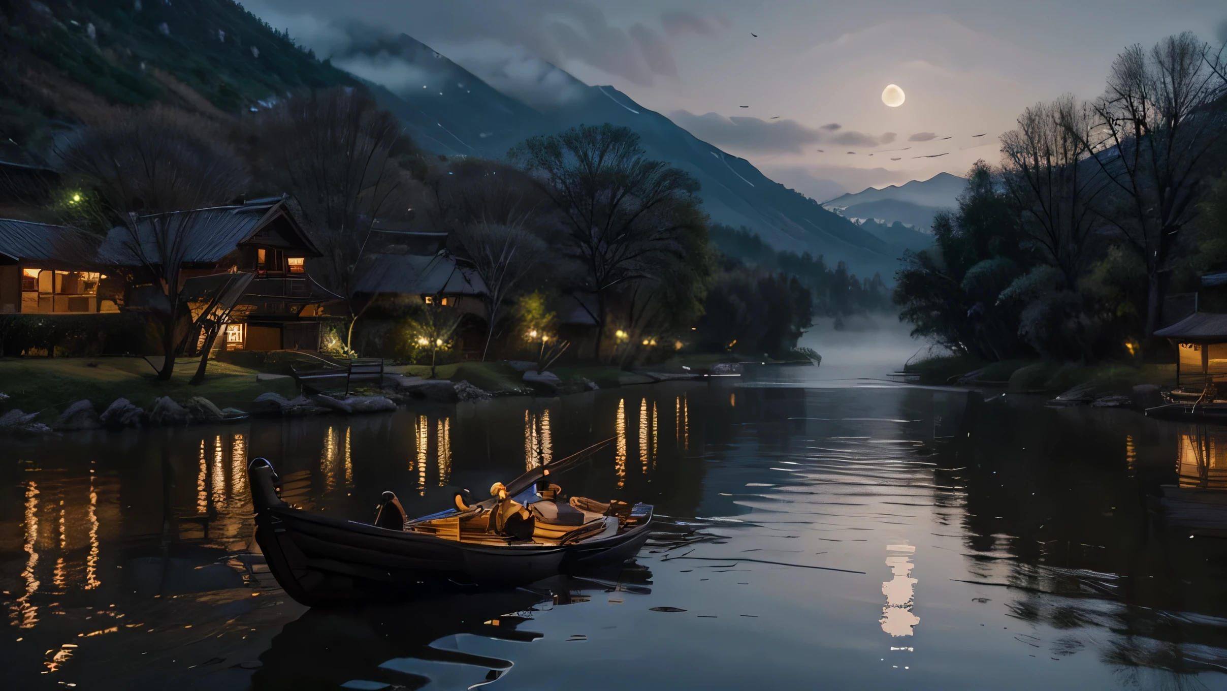 - Moonlit night
- Serene river
- Traditional wooden boat
- Elegant woman
- Pipa (Chinese lute)
- Melancholic music
- Ripples on water
- Willow trees swaying
- Misty mountains
- Silvery moonlight
- Tranquil atmosphere
- Emotional depth
- Historic attire
- Cultural ambiance