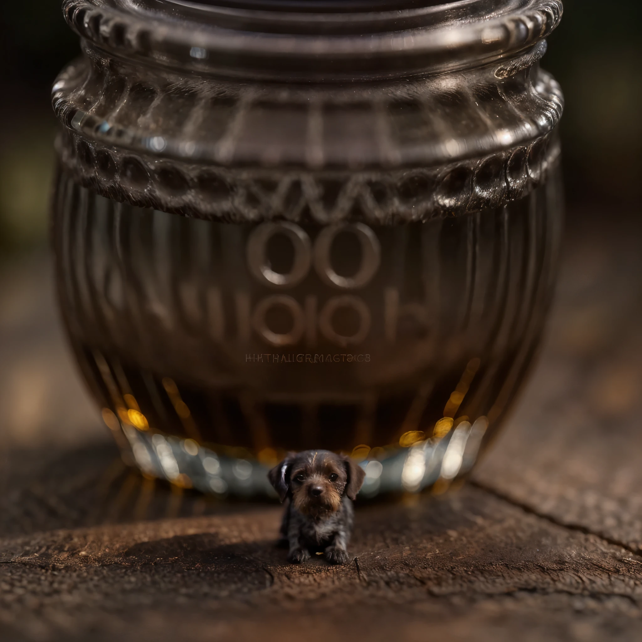 (An intricate micro tiny dog drahthaar trapped in a bottle), atmospheric oliva lighting, on the table, 4k UHD, dark vibes, hyper detailed, vibrant colours forest background, epic composition, octane render, sharp focus, high resolution isometric, (film grain:1.3), The light is sparkling, high quality photography, 3 point lighting, flash with softbox, 4k, Canon EOS R3, HDR, smooth, sharp focus, high resolution, award winning photo, 80mm, f2.8, bokeh