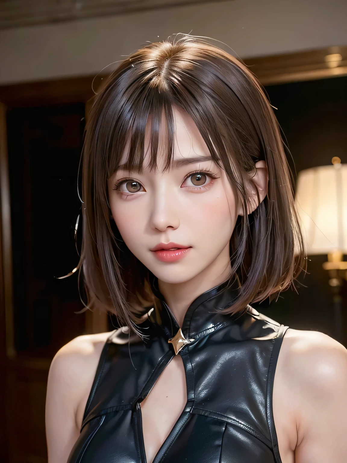 (highest quality:1.4, Add intense highlights to your eyes:1.4, short and shiny hair:1.4 ), 1 girl, light brown eyes, droopy eyes, Big eyes, ((Glasses)), ((Gives a very strong highlight to the eyes, short hair with bangs:1.4、shiny black hair, Big eyes、light brown eyes, eyelash, droopy eyes:1.5, thin waist, very beautiful beauty, long neck, smile a little,)), staring at me, Beautiful adult woman full of charm:1.4, (With a delicate and beautiful face, Dressed in a black and green mecha, wearing a mechanical helmet, with directional controller, riding a motorcycle, The background is a high-tech lighting scene of a futuristic city.、)、(The woman is looking straight into the camera lens)、perfect anatomy