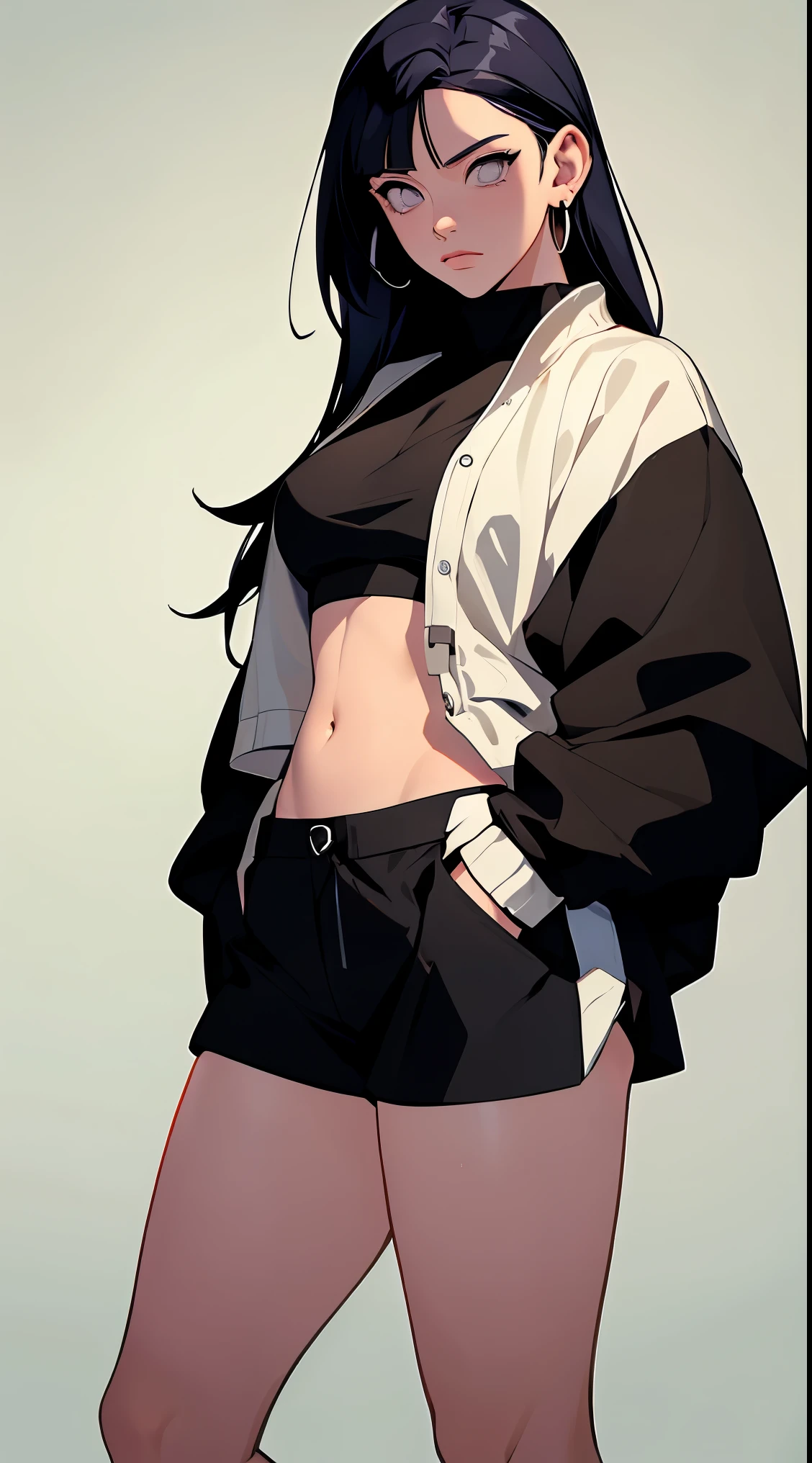 Masterpiece, best quality, high-res, extremely detailed, 1girl 18 years old lookig very arrogant, in shape, fitness, (she is the villain, she is the final boss, female focus, woman, (simple color background:1.3), (female focus:1.5), cowboy shot, very thin waist, wide hips, white shorts, deportive shirt, gym cloth,female korean, black hair, black eyes