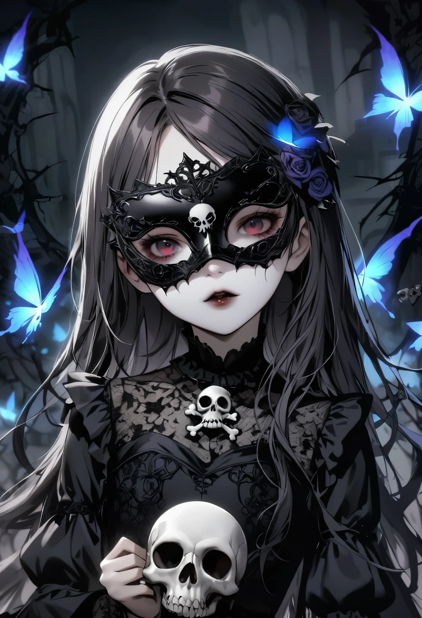 gothic art， in mask，Lace dress，Thorn rose，eerie，Flaming butterflies，Hand holding a skull bones