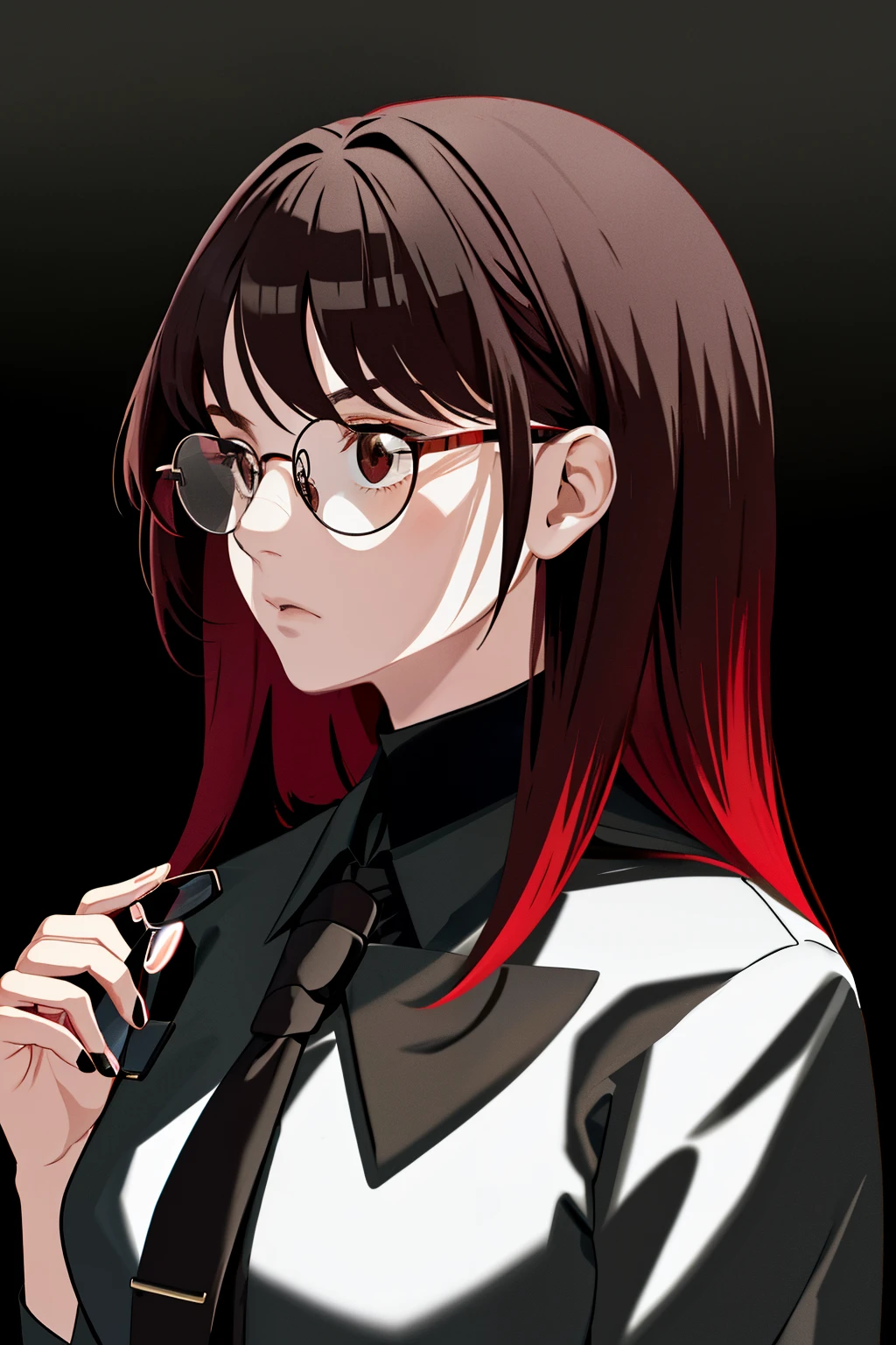 a 1girl, body complet, very detail, a lot of details, very extremely beautiful,  ((masterpiece, minimalism)), (short black and red Hair), black necktie, (red or black shirt), Dark colors, looks into space, ((glasses))
