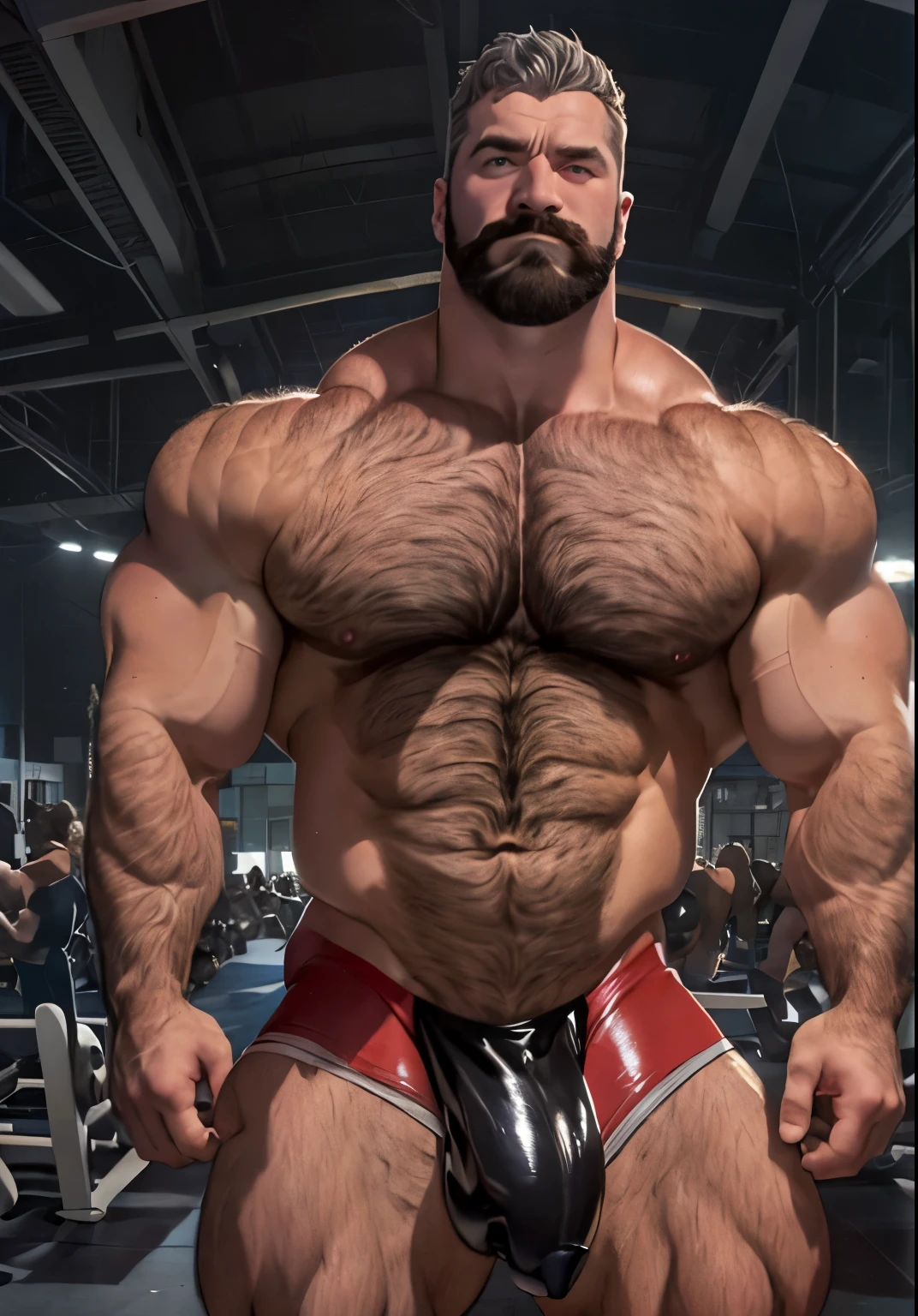absurderes, hight resolution, 1male people, full body visible (wrestling Magazine covers:1.2), Yaoi(bara) , Stubble,clothes down, matured male, ruggedly handsome face(Zangief), dark eyes, mustache, old face, beefy,thick dark eyebrow, thick eyebrows, Male Focus, designed beard、(wearing red thong), big bulging crotch, big crotch, latex, wrestling uniform, red wrestling singlet, squatting with legs open, crotch in focus, Detailed body,Ultra-detailed eyes,hyperdetailed face,(Gray hair:1.2),(All Back Hair:1.2)、(Very short hair:1.2),(hyper pecs:1.5),Open Claus,(Soft smile:1.2),Perfect ligthing,(flexing biceps:1.2)
