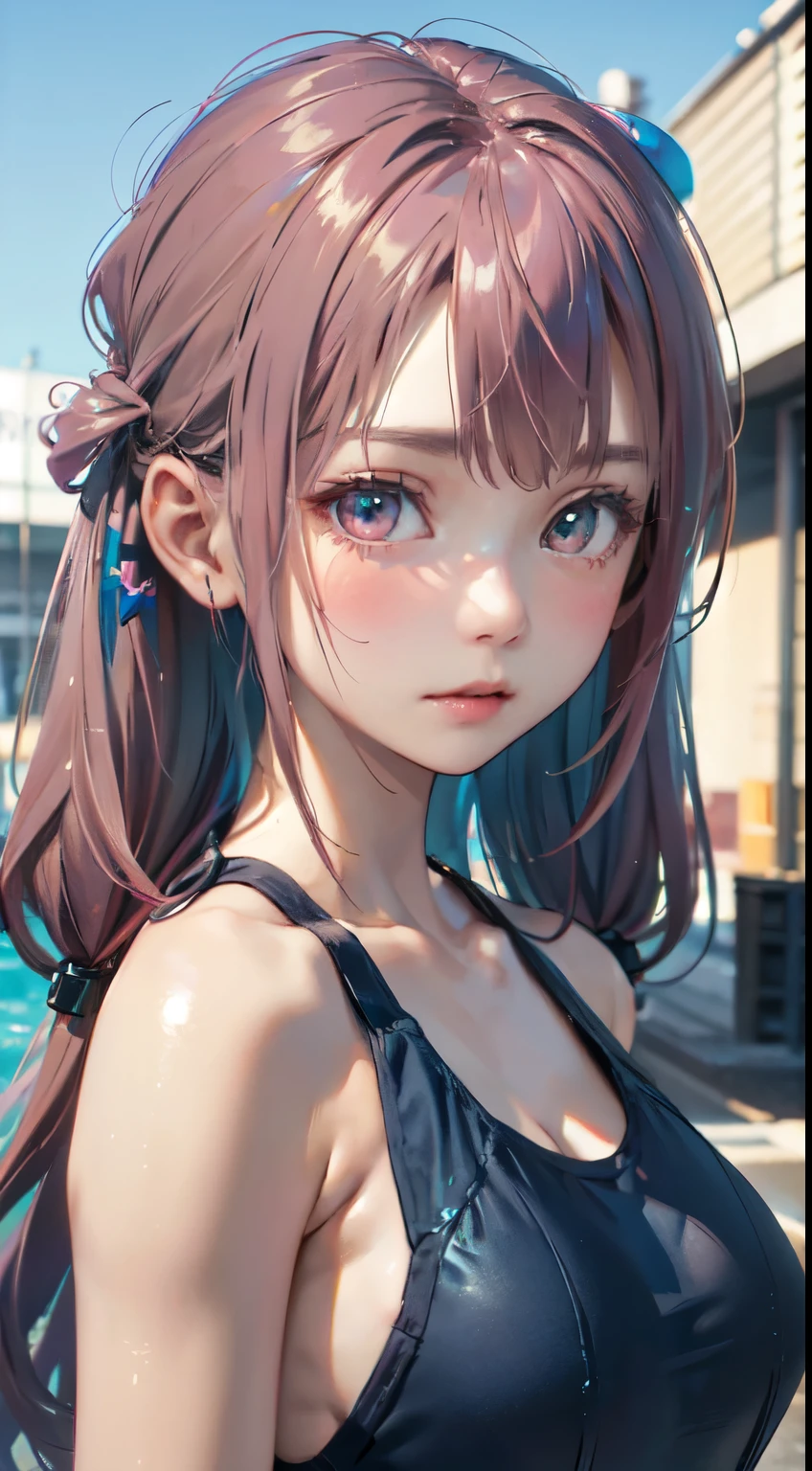 Old body portrait of a beautiful girl、Delicate、detaileds、​masterpiece、Real Stick、3D background、Backgrounds with depth、Realistically exaggerate changes in material texture、Exaggeration of gloss、The best transcendental virtuosity、twin tails、pink hair color、swimsuit、school swimsuit